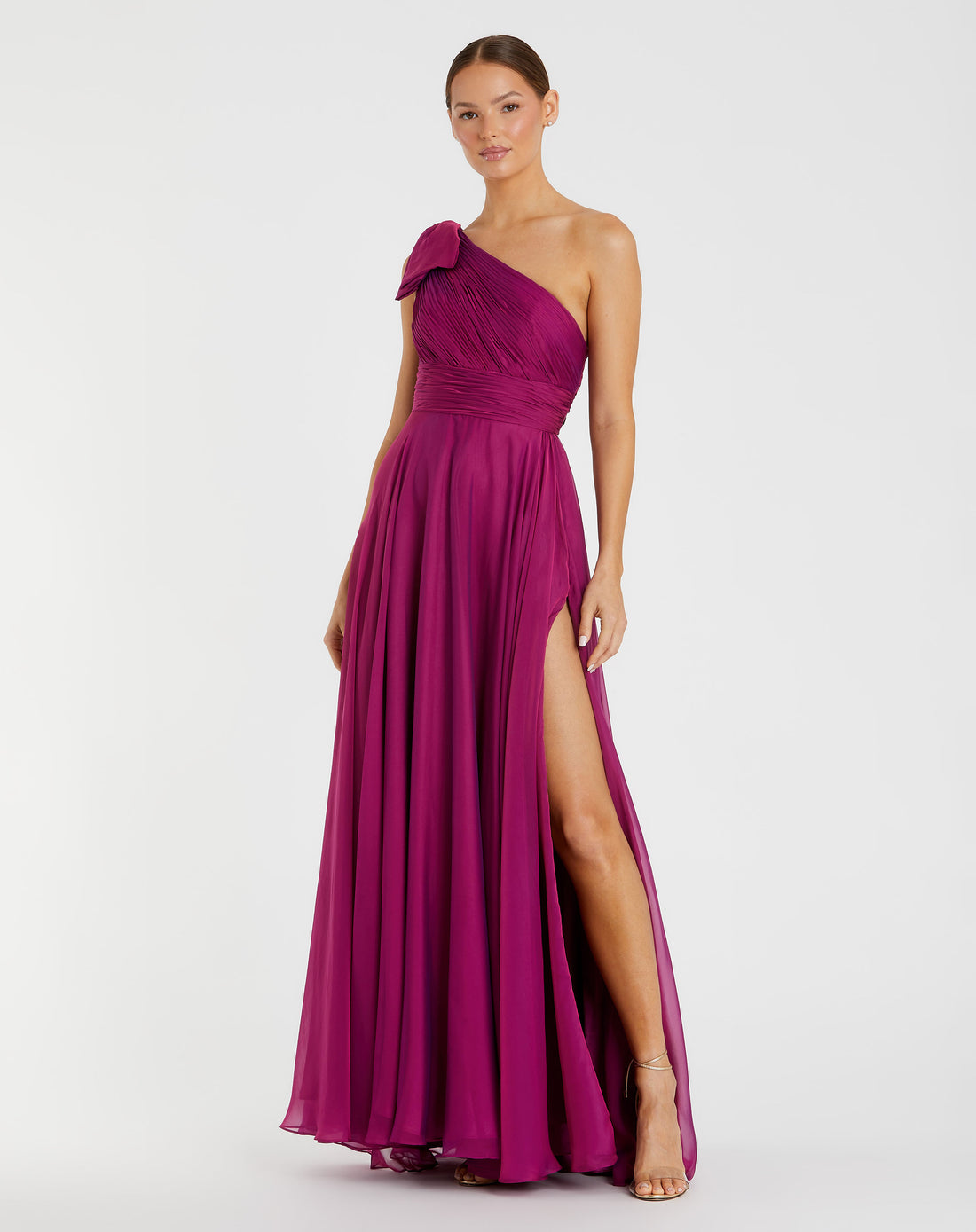 Pleated One Shoulder Chiffon Gown