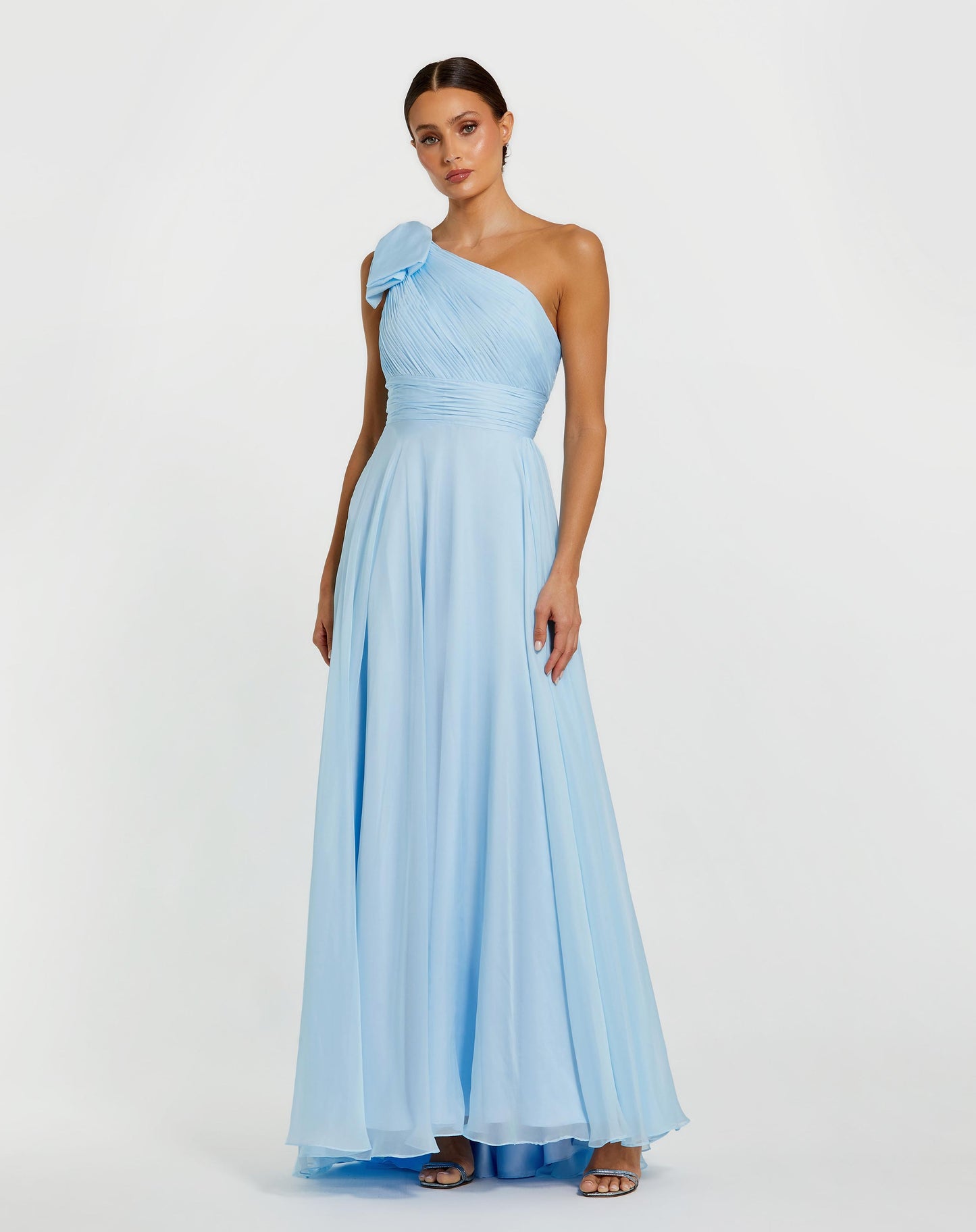Blue One Shoulder Pleated Evening Gown with Bow Ieena for Mac Duggal