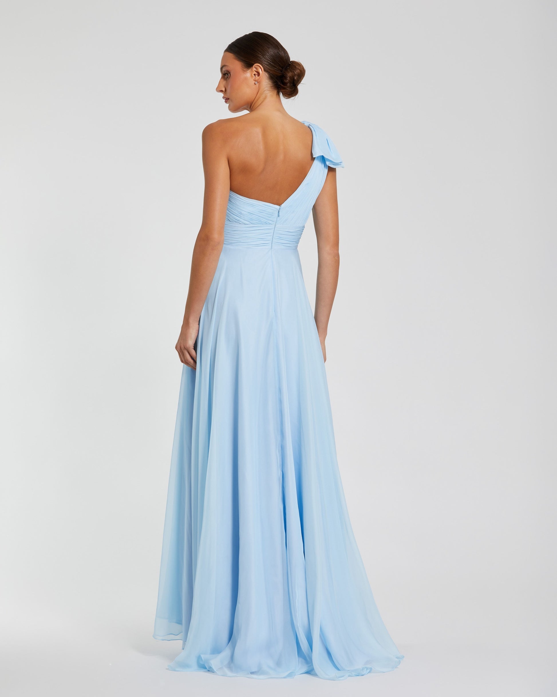 Blue One Shoulder Pleated Evening Gown with Bow Ieena for Mac Duggal
