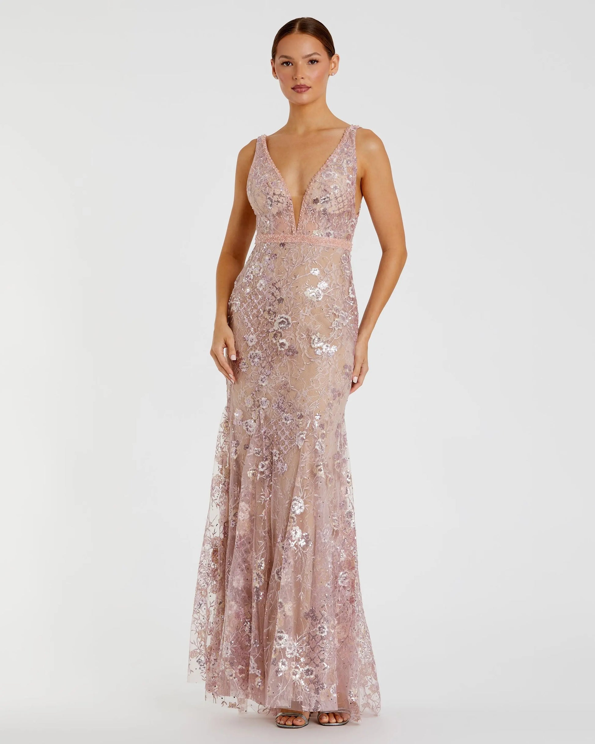 Pink Floral Embellished Sleeveless Plunge Neck Gown | Mac Duggal Pink Floral Embellished Sleeveless Plunge Neck Gown | Mac Duggal