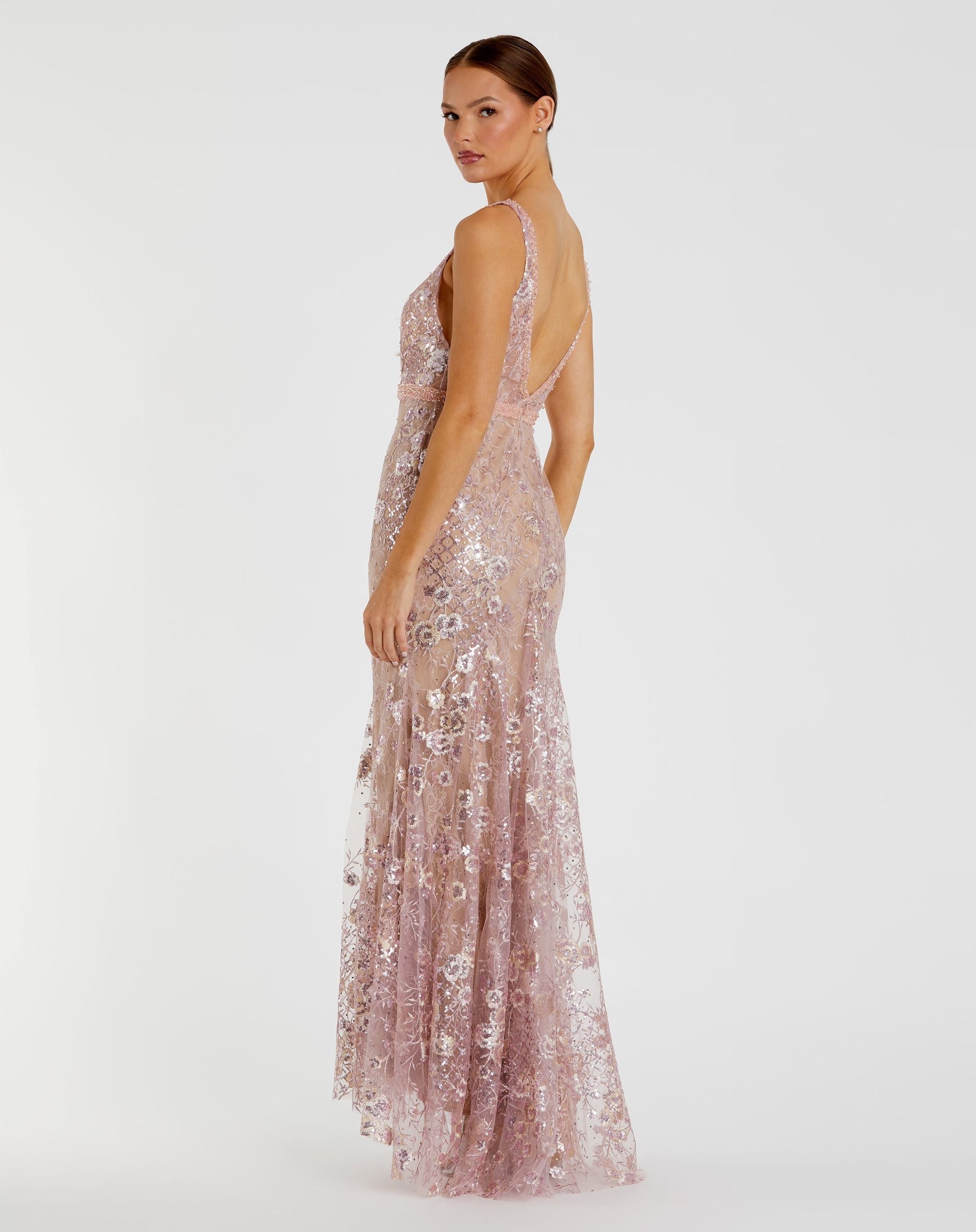 Pink Floral Embellished Sleeveless Plunge Neck Gown | Mac Duggal Pink Floral Embellished Sleeveless Plunge Neck Gown | Mac Duggal