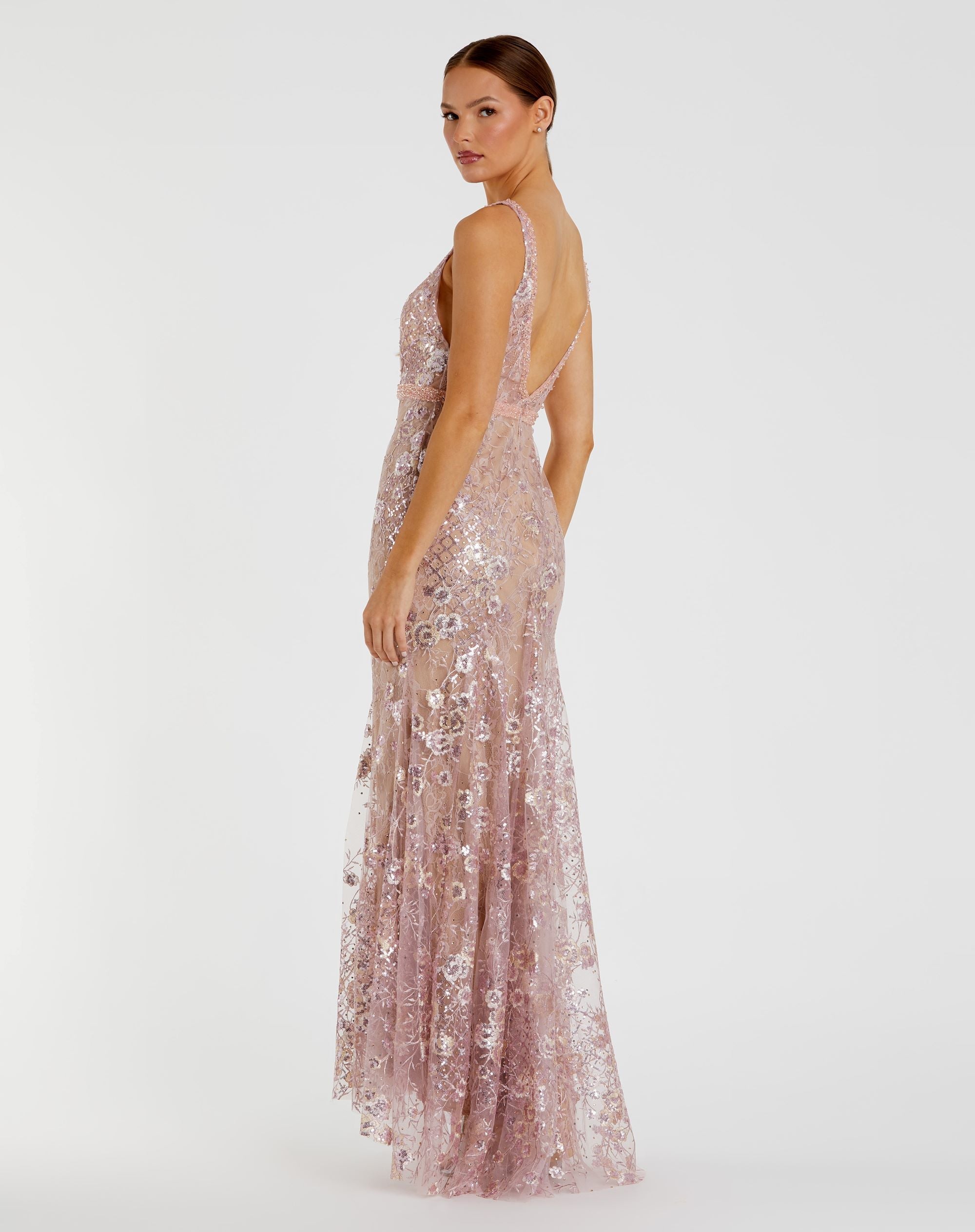 Pink Floral Embellished Sleeveless Plunge Neck Gown - Mac Duggal