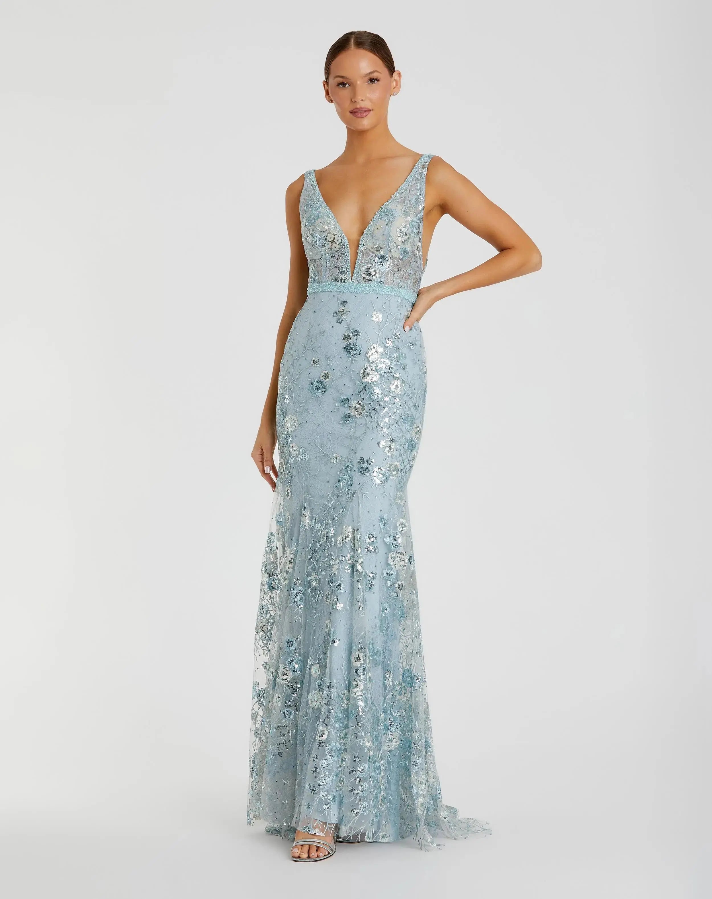Blue Embellished Sleeveless Plunge Neck Gown - Mac Duggal