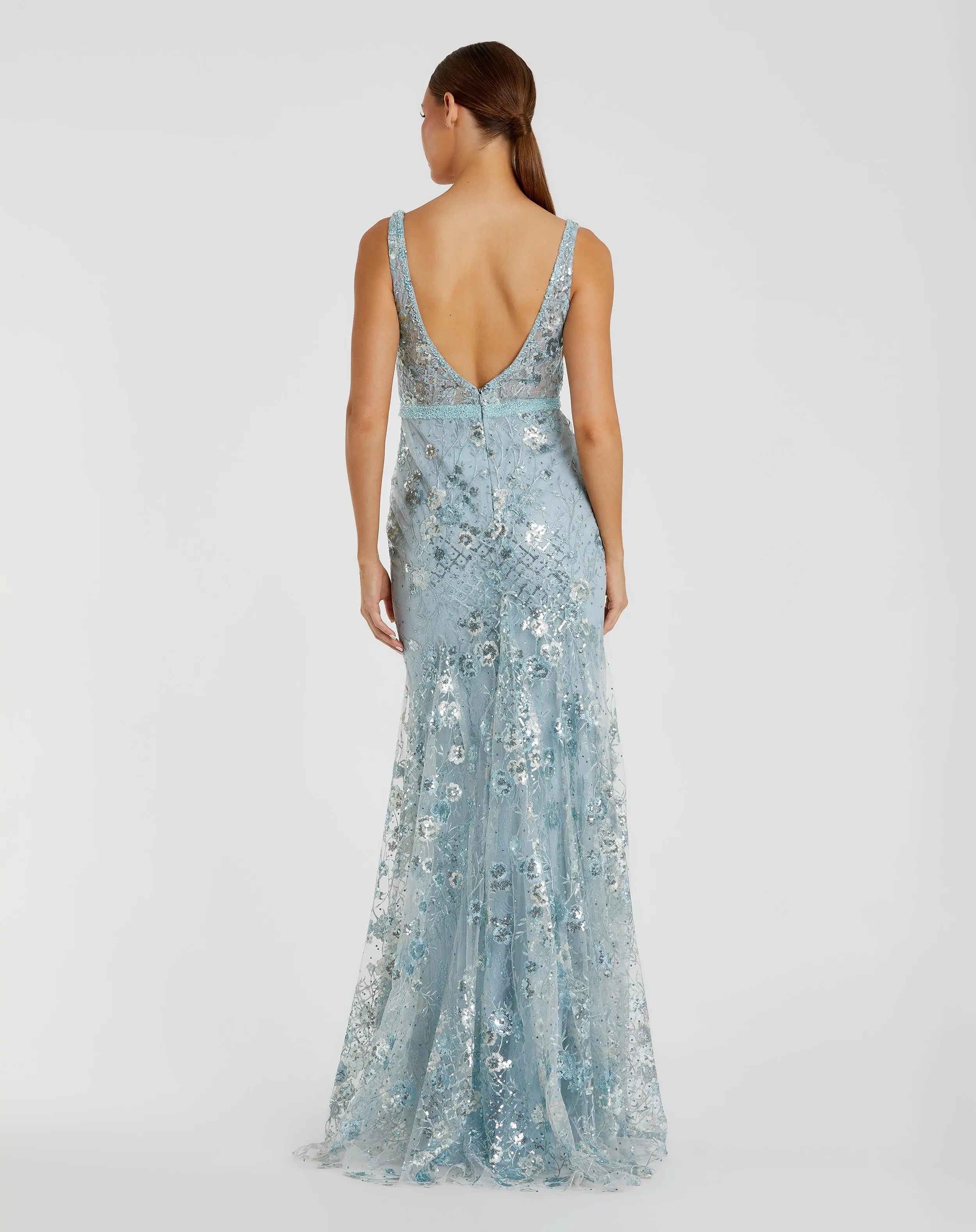 Blue Embellished Sleeveless Plunge Neck Gown - Mac Duggal