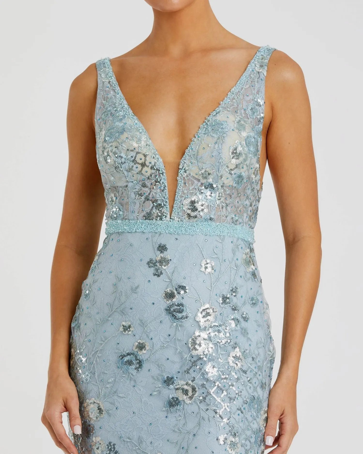 Blue Embellished Sleeveless Plunge Neck Gown - Mac Duggal