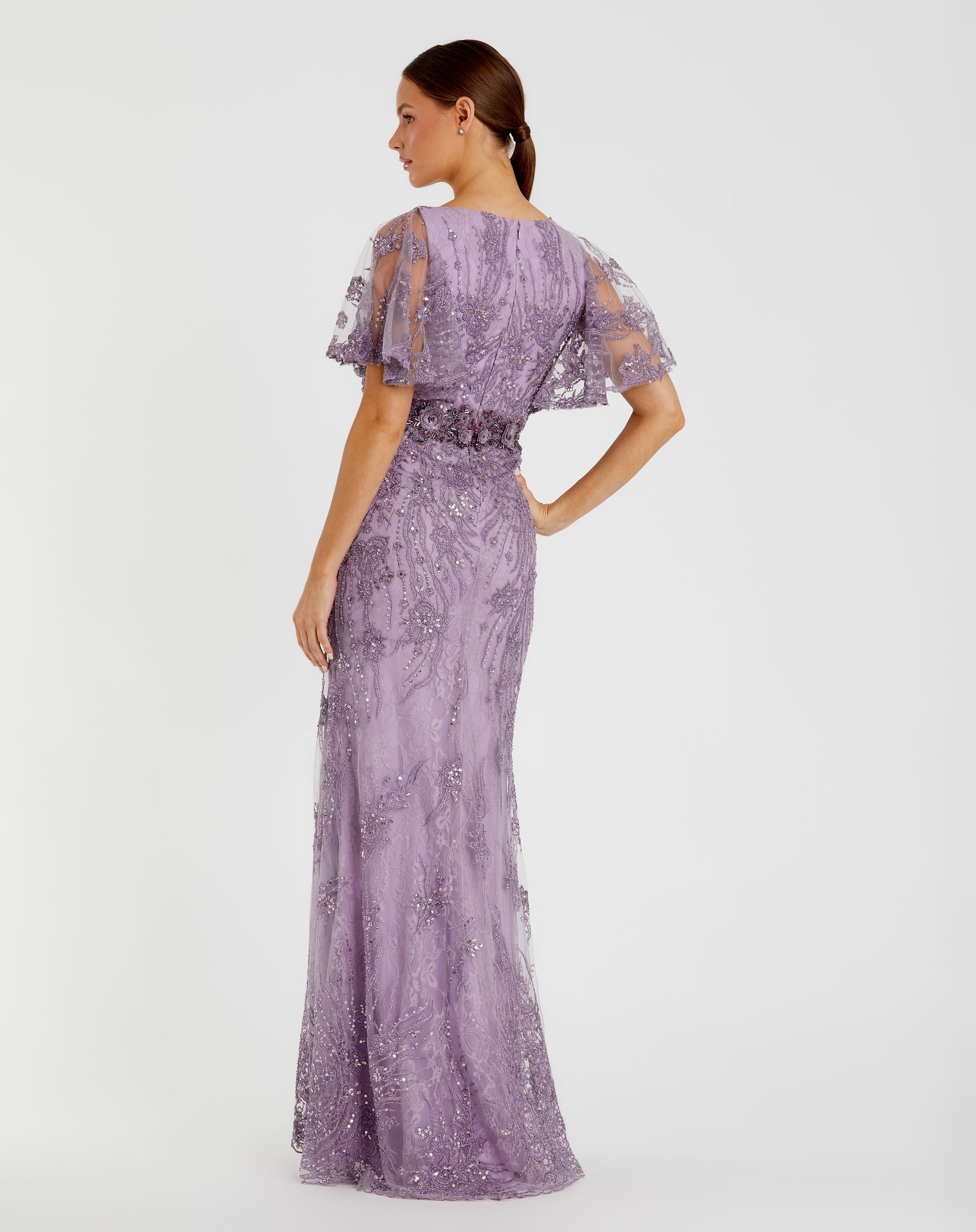 Purple Vintage Flutter Sleeve Evening Gown - Mac Duggal