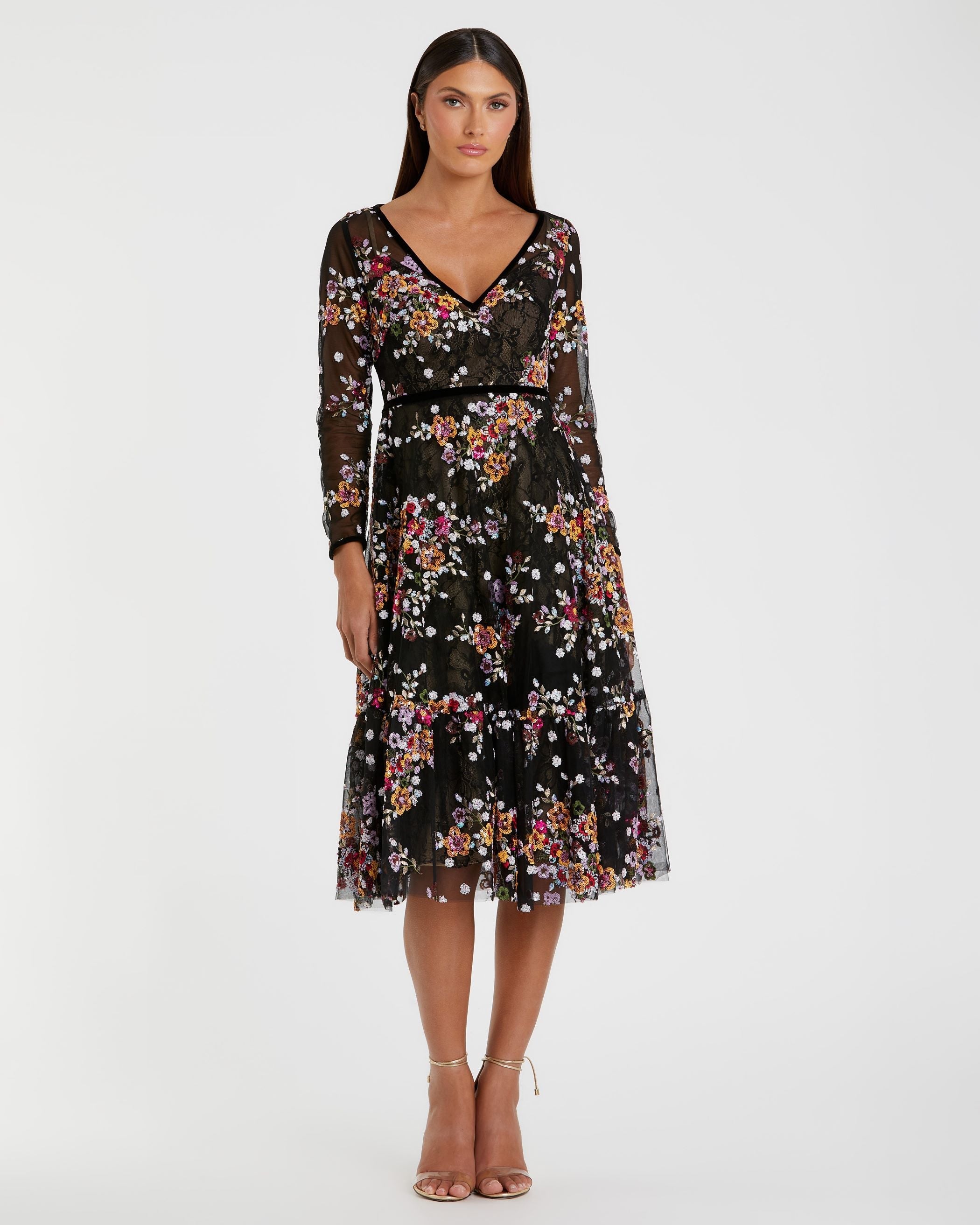 Black Floral Embroidered Tea Length Dress - Mac Duggal 