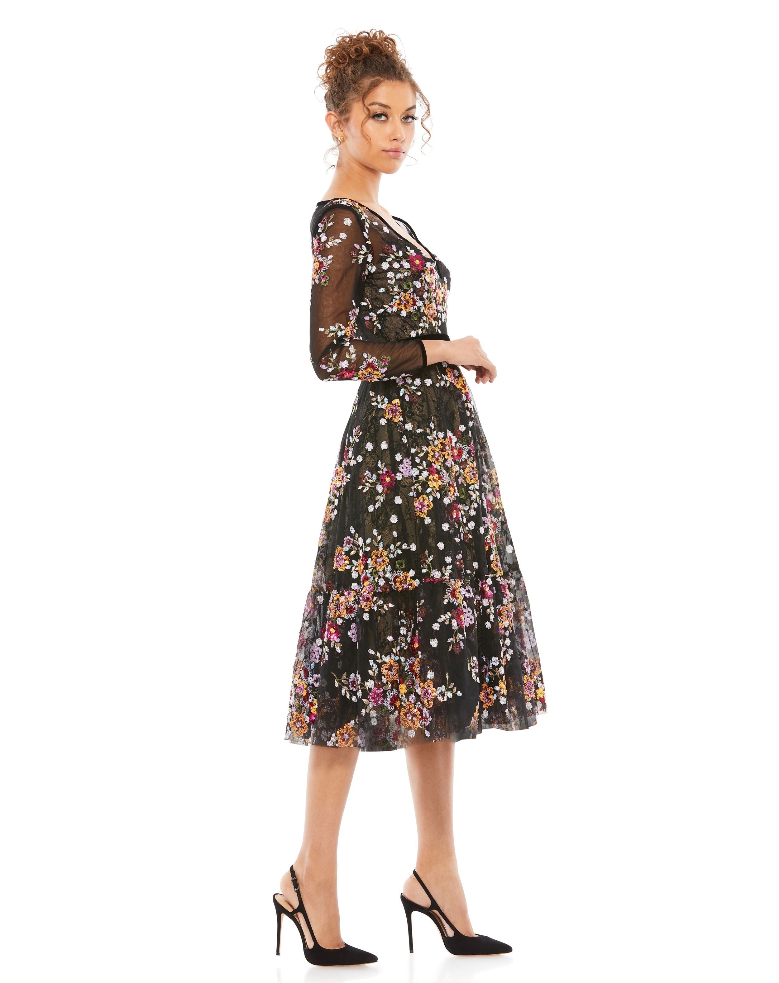 Black Floral Embroidered Tea Length Dress