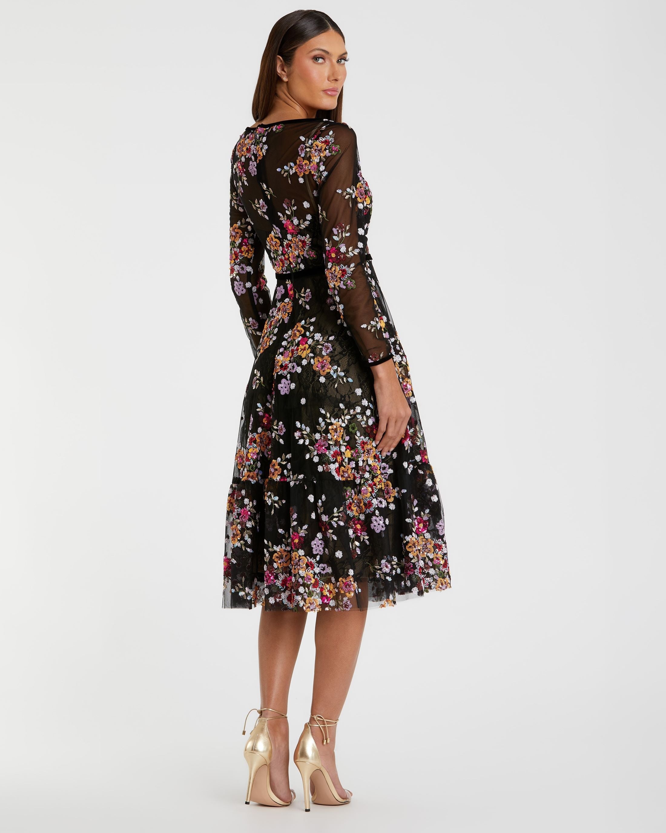 Black Floral Embroidered Tea Length Dress - Mac Duggal 