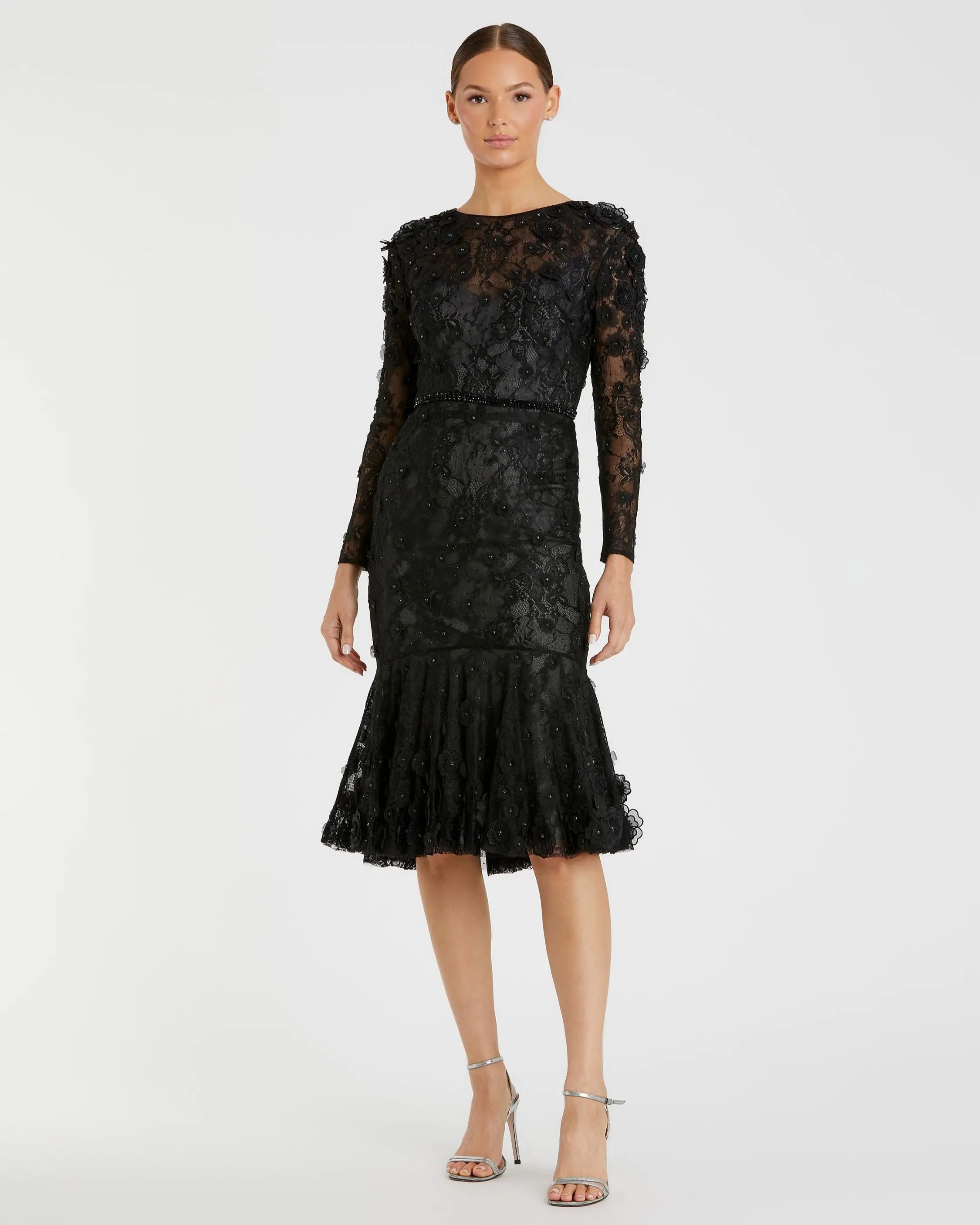 Black Floral Appliqué Long Sleeve Cocktail Dress - Mac Duggal