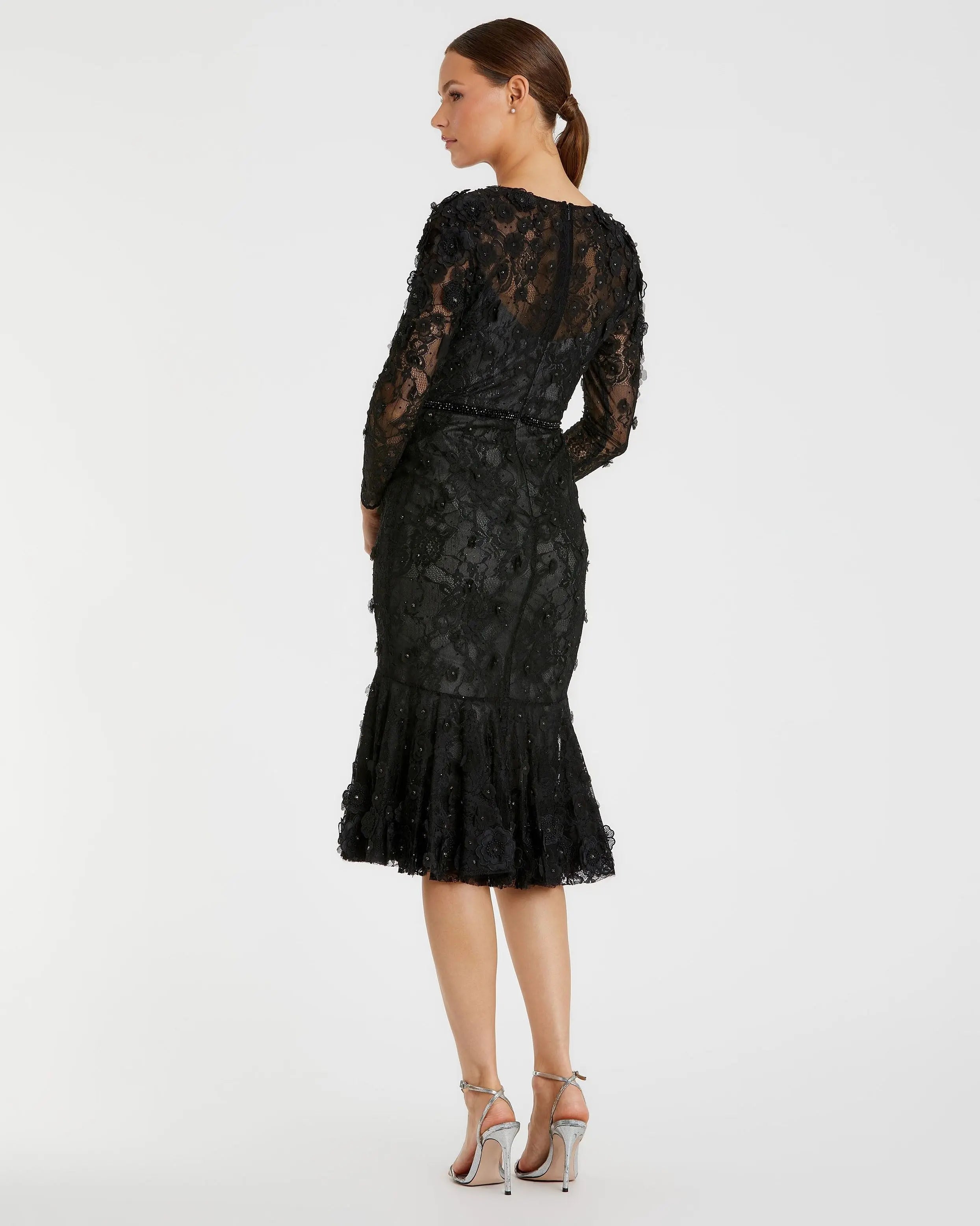 Black Floral Appliqué Long Sleeve Cocktail Dress - Mac Duggal