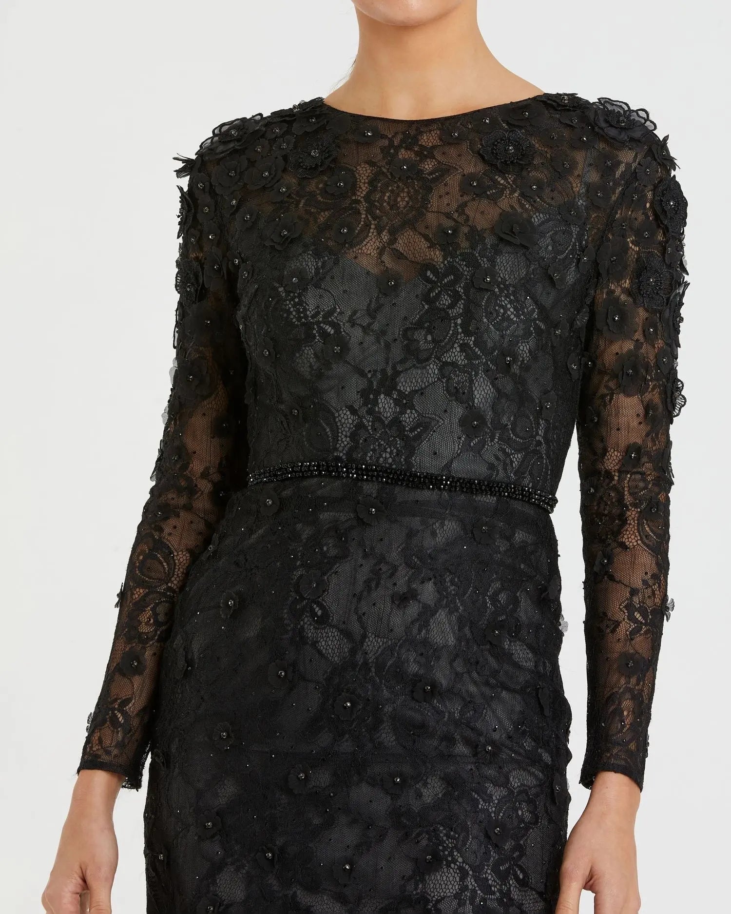 Black Floral Appliqué Long Sleeve Cocktail Dress - Mac Duggal