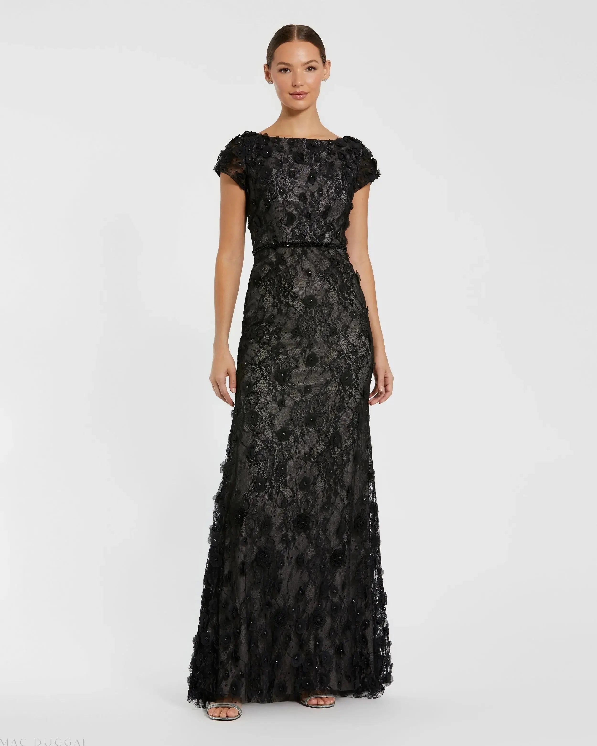 Black  Floral Applique Boat Neck Cap Sleeve Gown- Mac Duggal