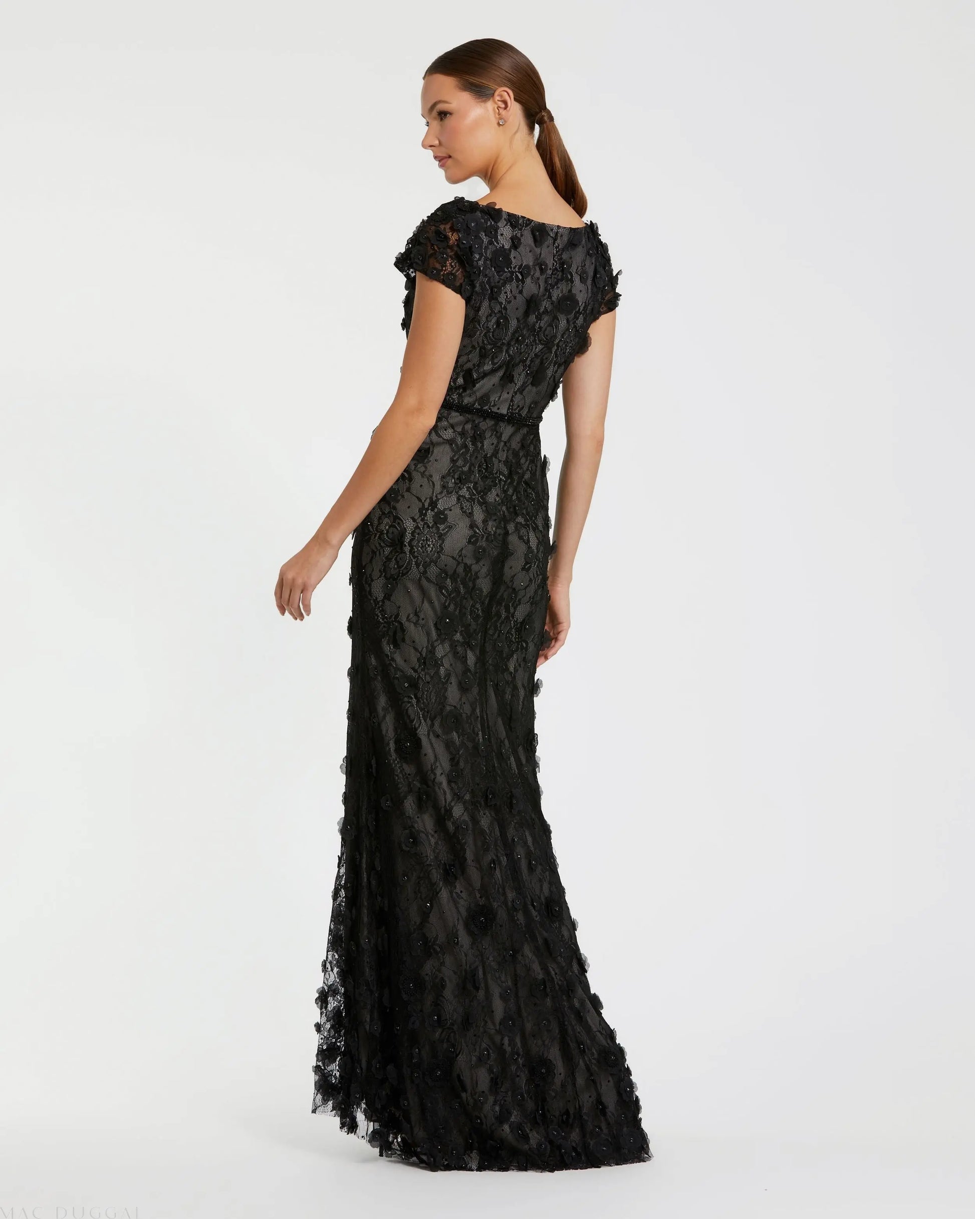 Black Floral Applique Boat Neck Cap Sleeve Gown | Mac Duggal Black Floral Applique Boat Neck Cap Sleeve Gown | Mac Duggal