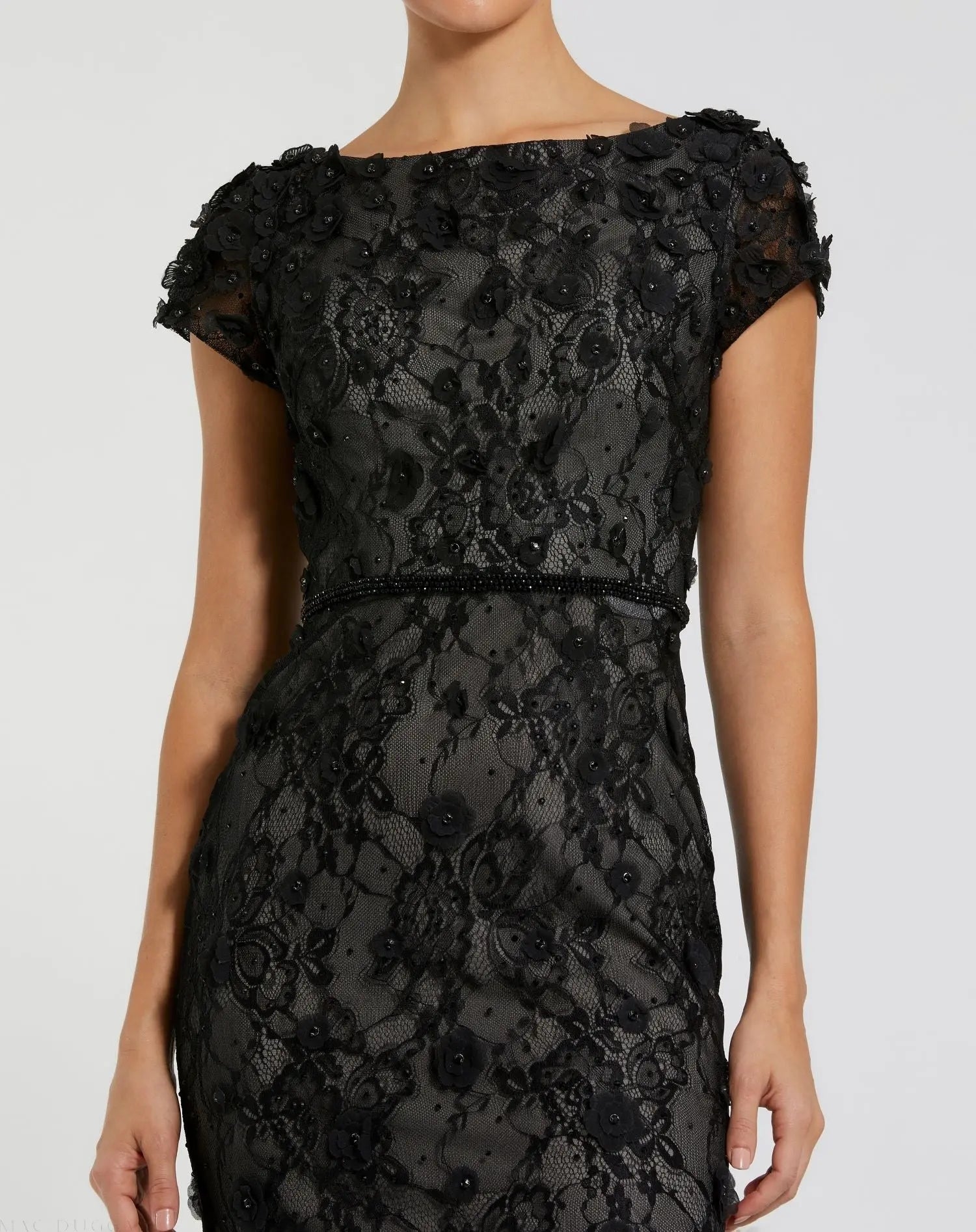 Black Floral Applique Boat Neck Cap Sleeve Gown | Mac Duggal Black Floral Applique Boat Neck Cap Sleeve Gown | Mac Duggal