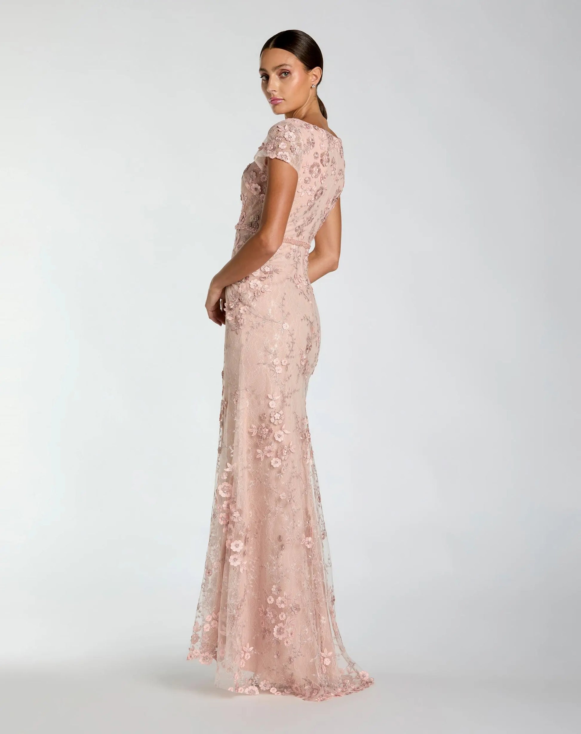 Pink Floral Applique Boat Neck Cap Sleeve Gown | Mac Duggal Pink Floral Applique Boat Neck Cap Sleeve Gown | Mac Duggal