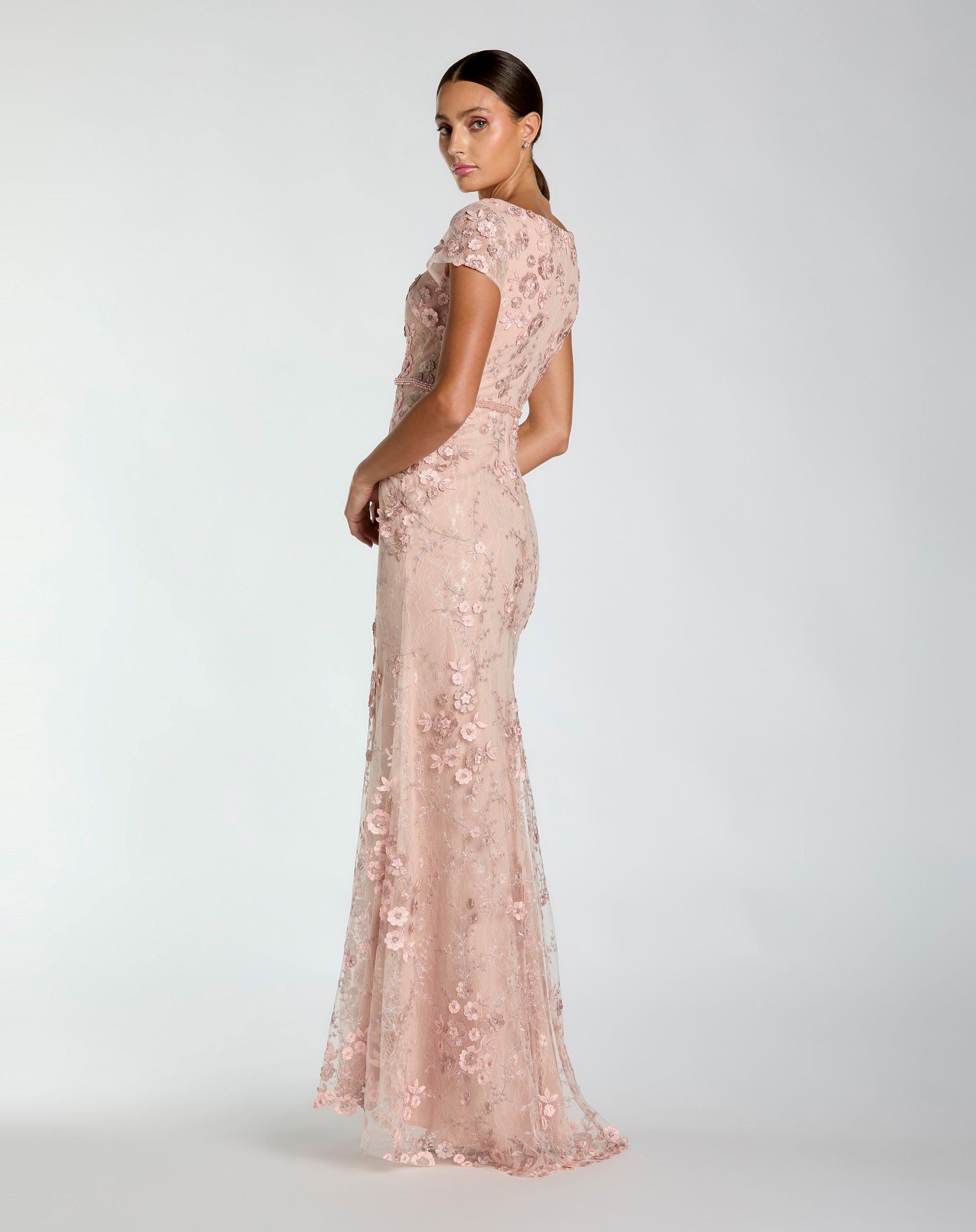 Pink Floral Applique Boat Neck Cap Sleeve Gown - Mac Duggal