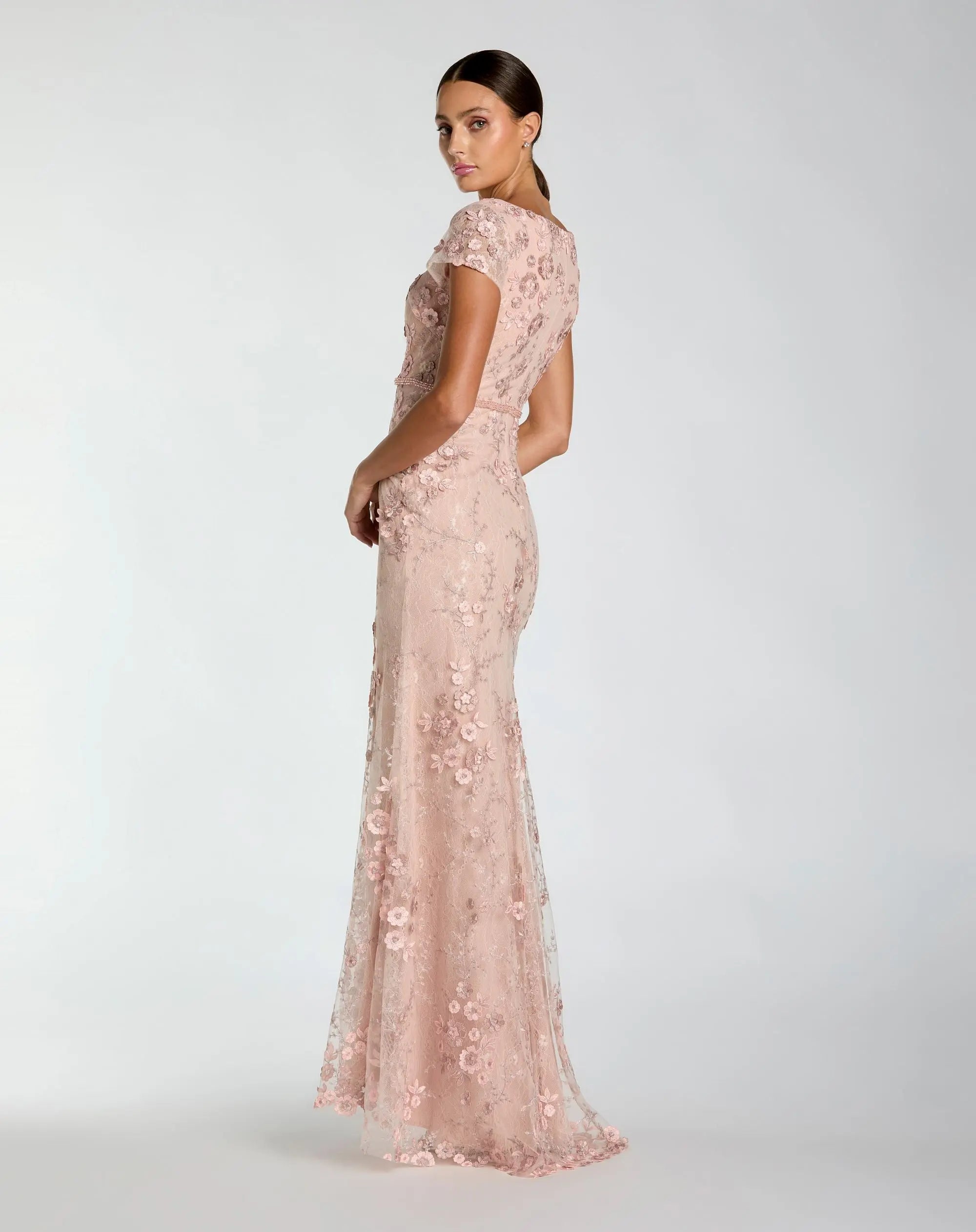 Pink Floral Applique Boat Neck Cap Sleeve Gown - Mac Duggal