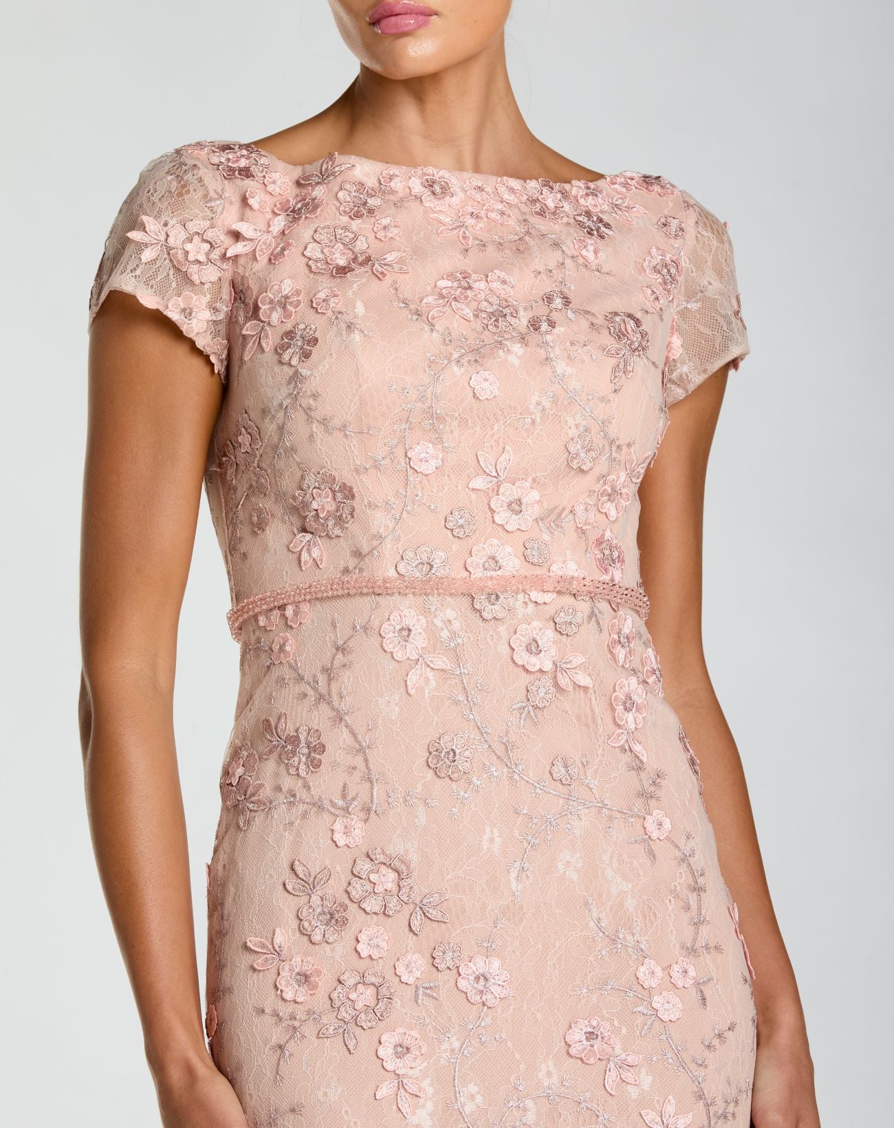 Pink Floral Applique Boat Neck Cap Sleeve Gown - Mac Duggal