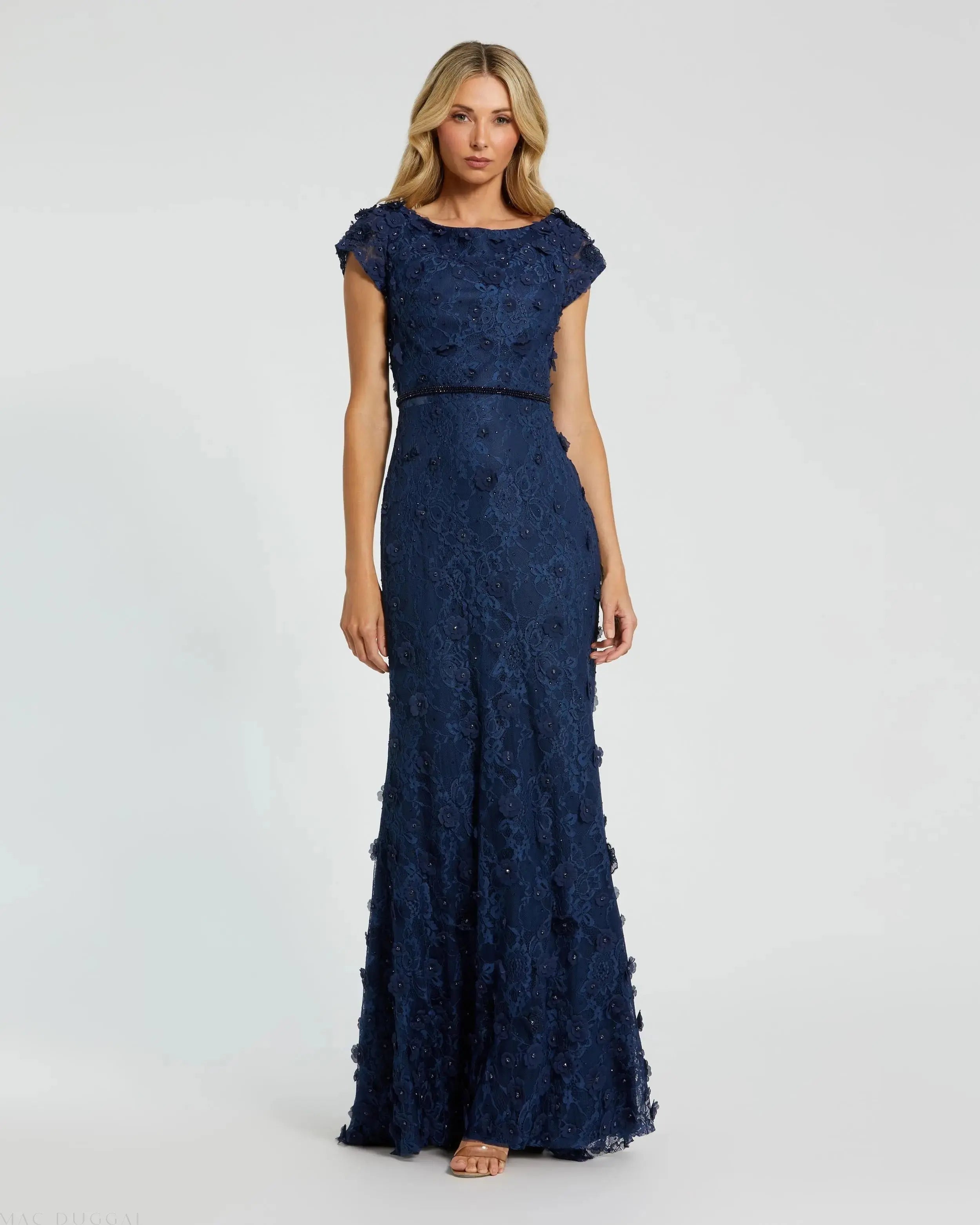 Navy Floral Applique Boat Neck Cap Sleeve Gown - Mac Duggal