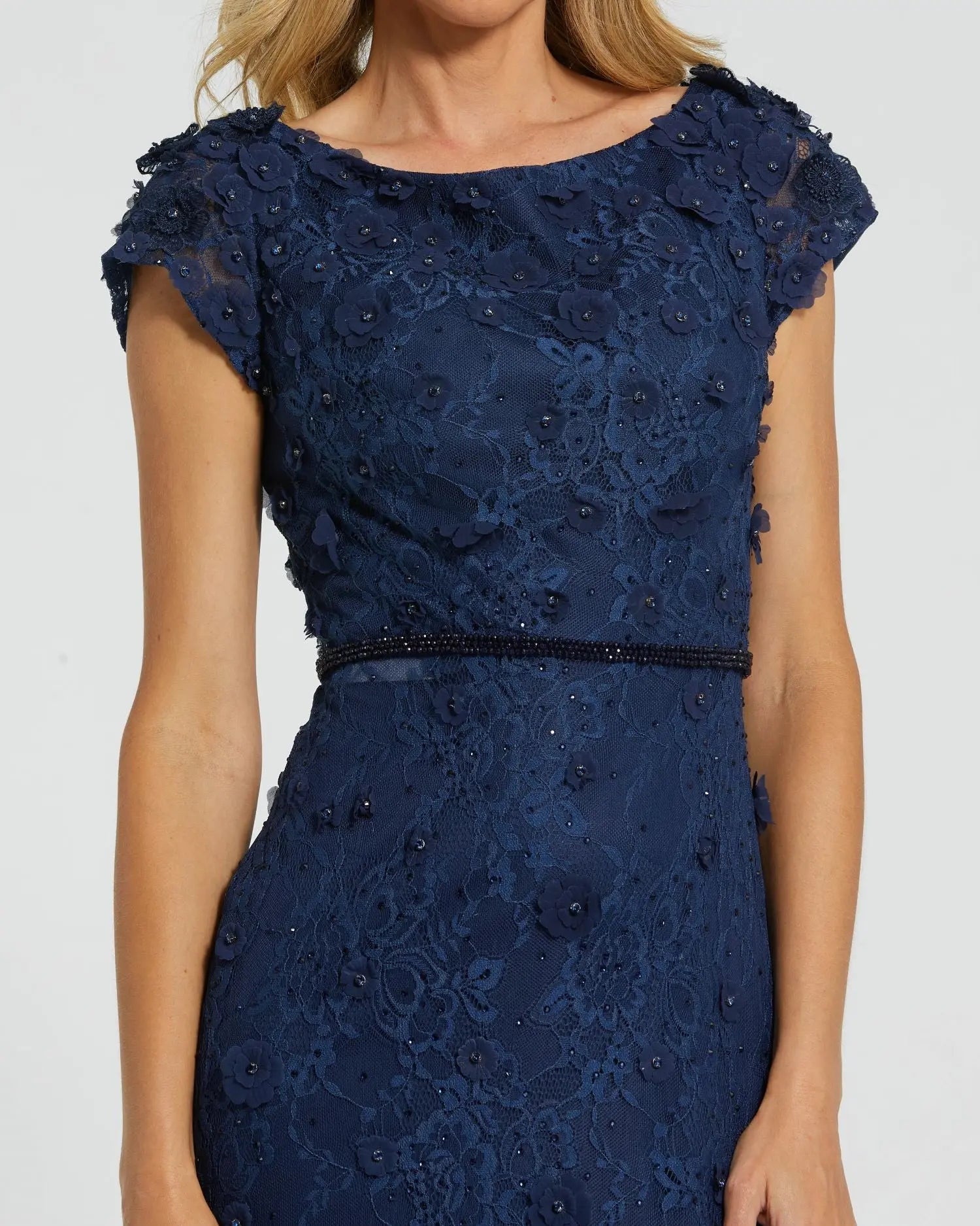 Navy Floral Applique Boat Neck Cap Sleeve Gown | Mac Duggal Navy Floral Applique Boat Neck Cap Sleeve Gown | Mac Duggal