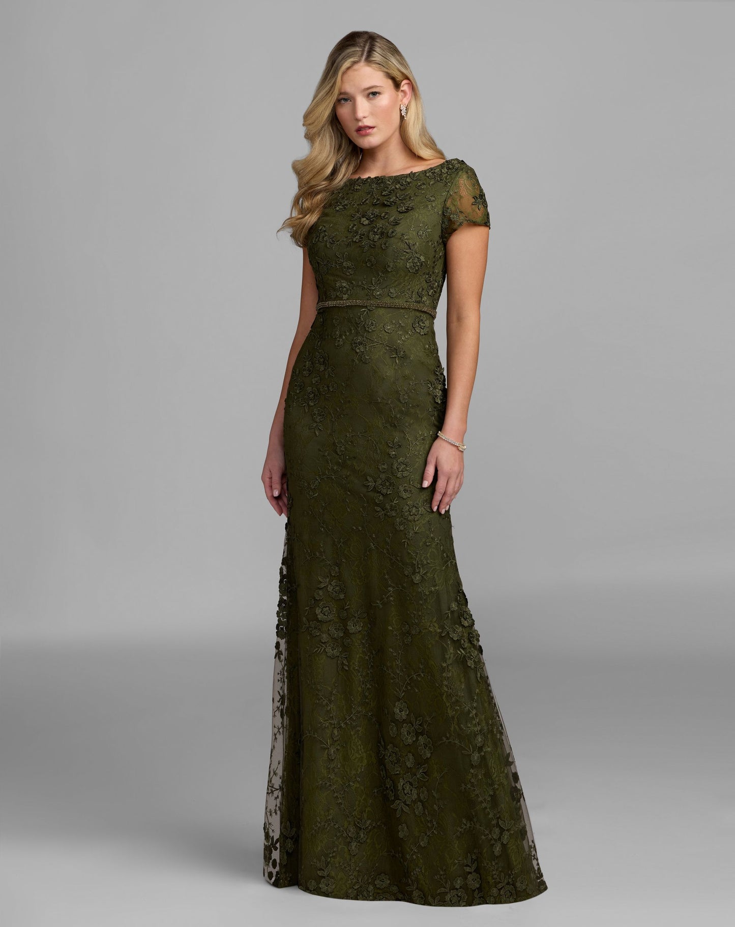 Green Floral Applique Boat Neck Cap Sleeve Gown - Mac Duggal