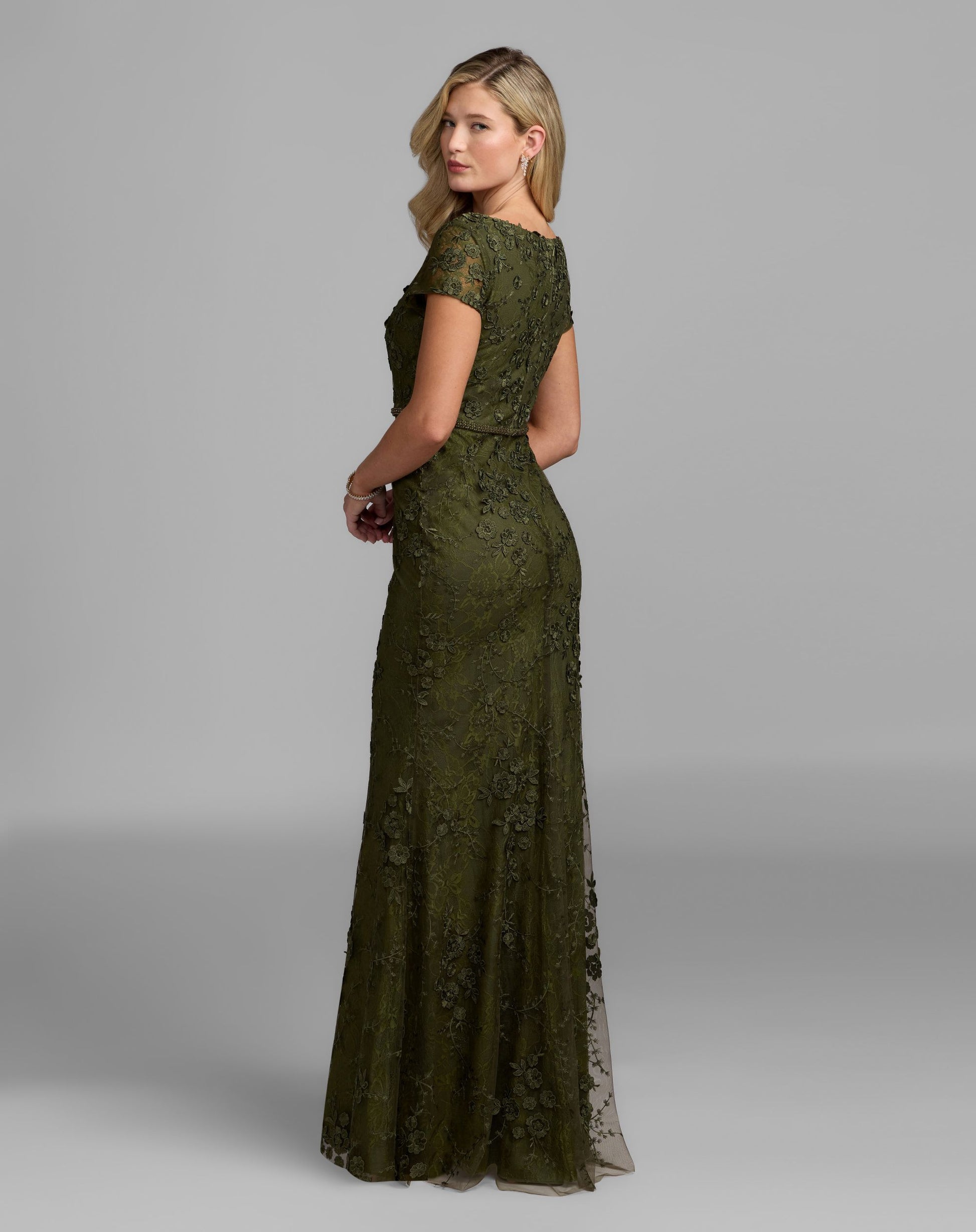 Green Floral Applique Boat Neck Cap Sleeve Gown - Mac Duggal