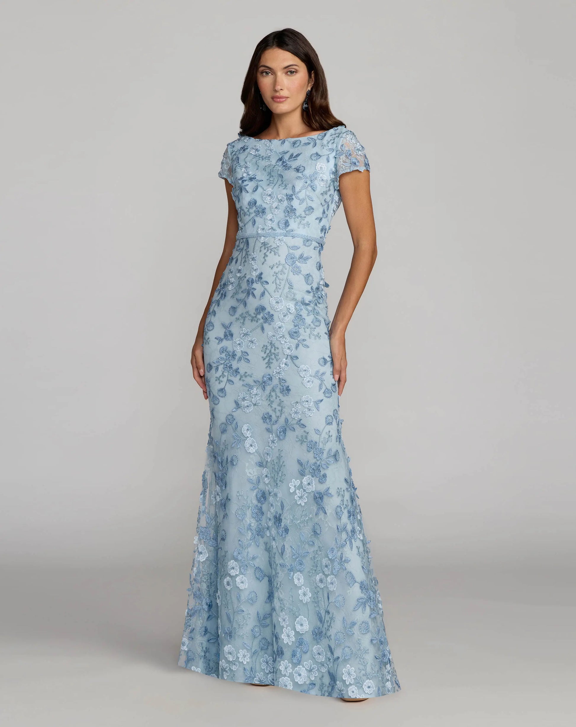 Blue Floral Applique Boat Neck Cap Sleeve Gown | Mac Duggal Blue Floral Applique Boat Neck Cap Sleeve Gown | Mac Duggal