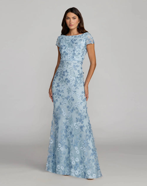 Blue Floral Applique Boat Neck Cap Sleeve Gown - Mac Duggal