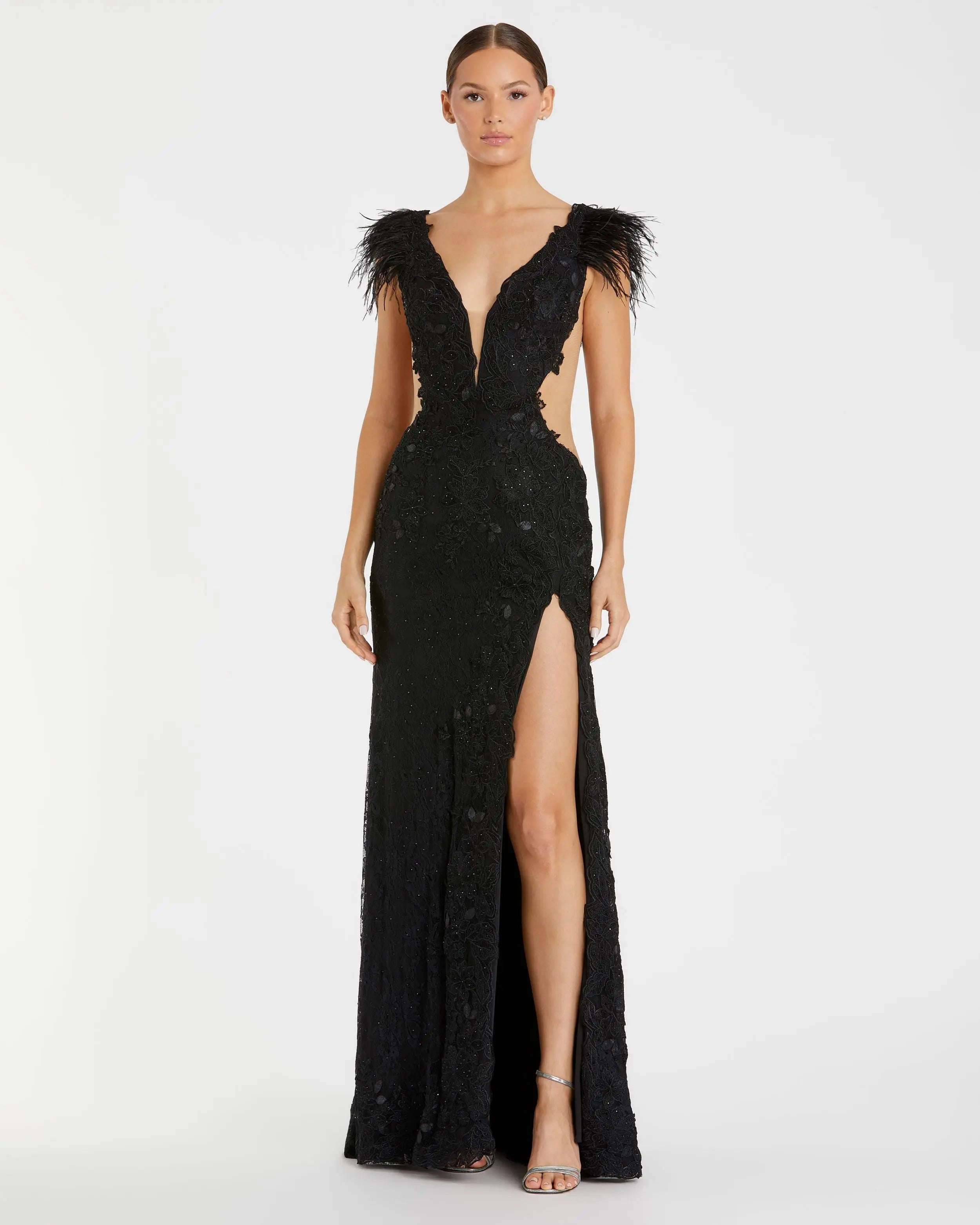 Black Feather Cap Sleeve Lace Gown - Mac Duggal
