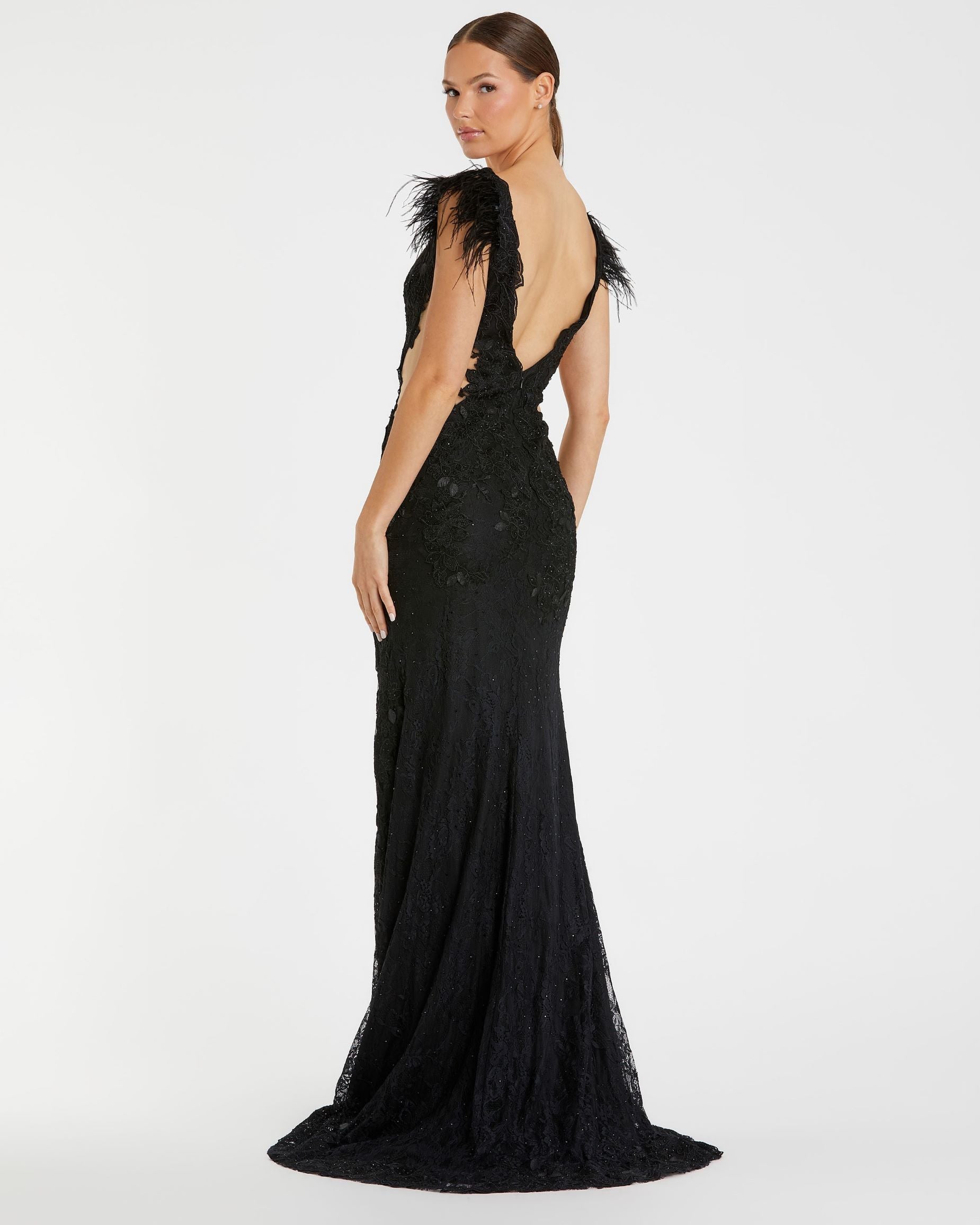 Feather Cap Sleeve Lace Gown