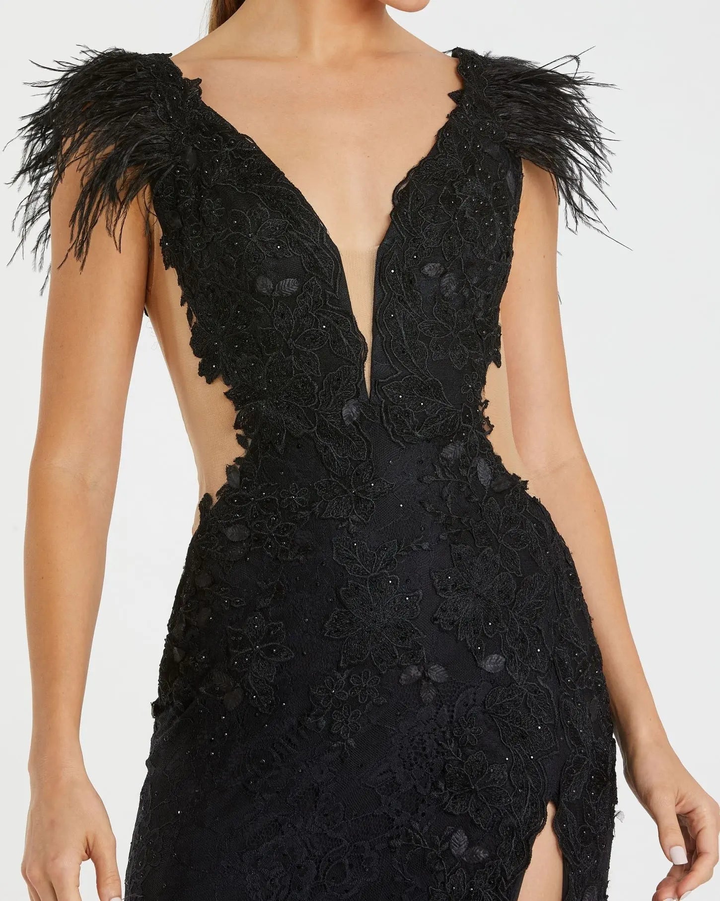 Black Feather Cap Sleeve Lace Gown - Mac Duggal