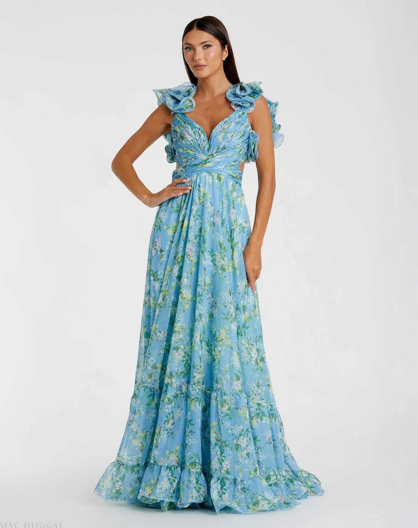 Mac Duggal - Ruffle Tiered Floral Cut-Out Chiffon Gown
