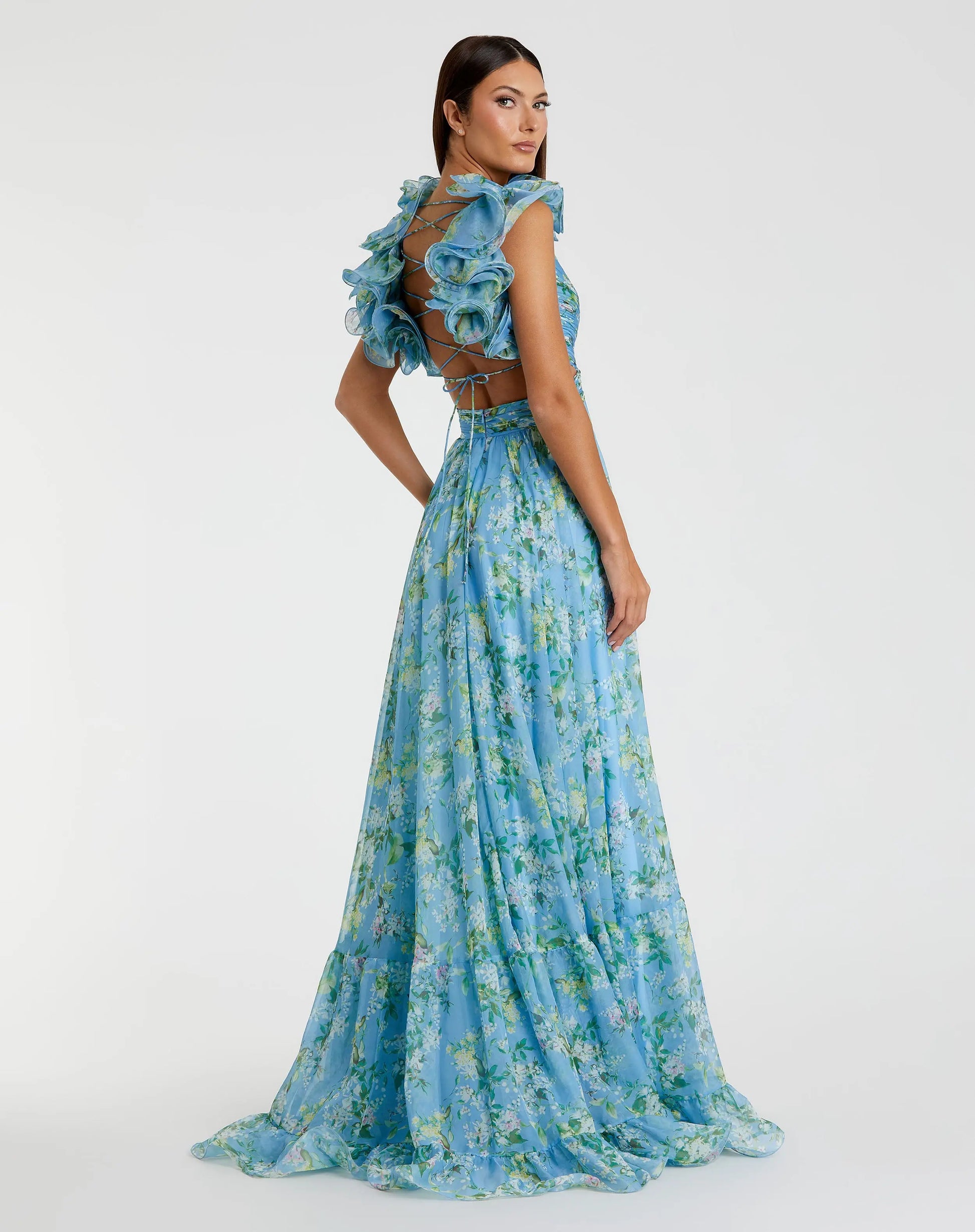 Blue Ruffle Tiered Floral Cut-Out Chiffon Gown | Mac Duggal Blue Ruffle Tiered Floral Cut-Out Chiffon Gown | Mac Duggal