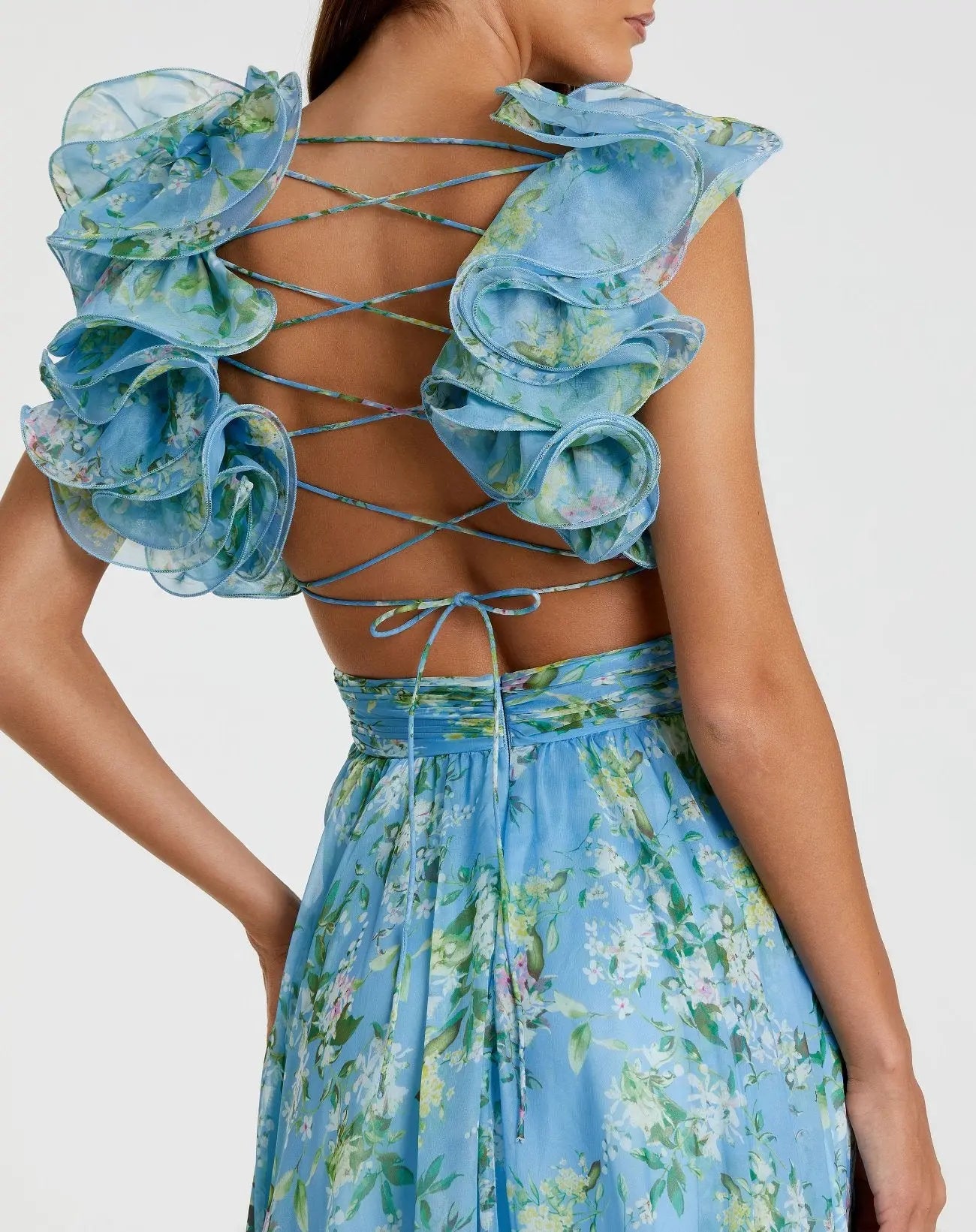 ieena for mac duggal ruffle tiered cut-out floral chiffon dress Purple Ruffle Tiered Floral Chiffon Midi Dress