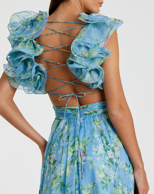 Ruffle Tiered Floral Cut-Out Chiffon Gown