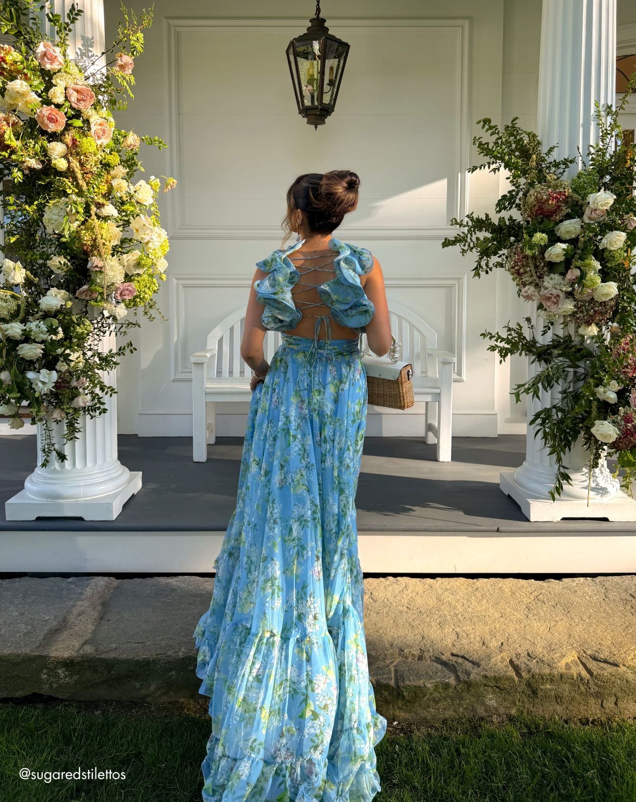 Blue Ruffle Tiered Floral Cut-Out Chiffon Gown