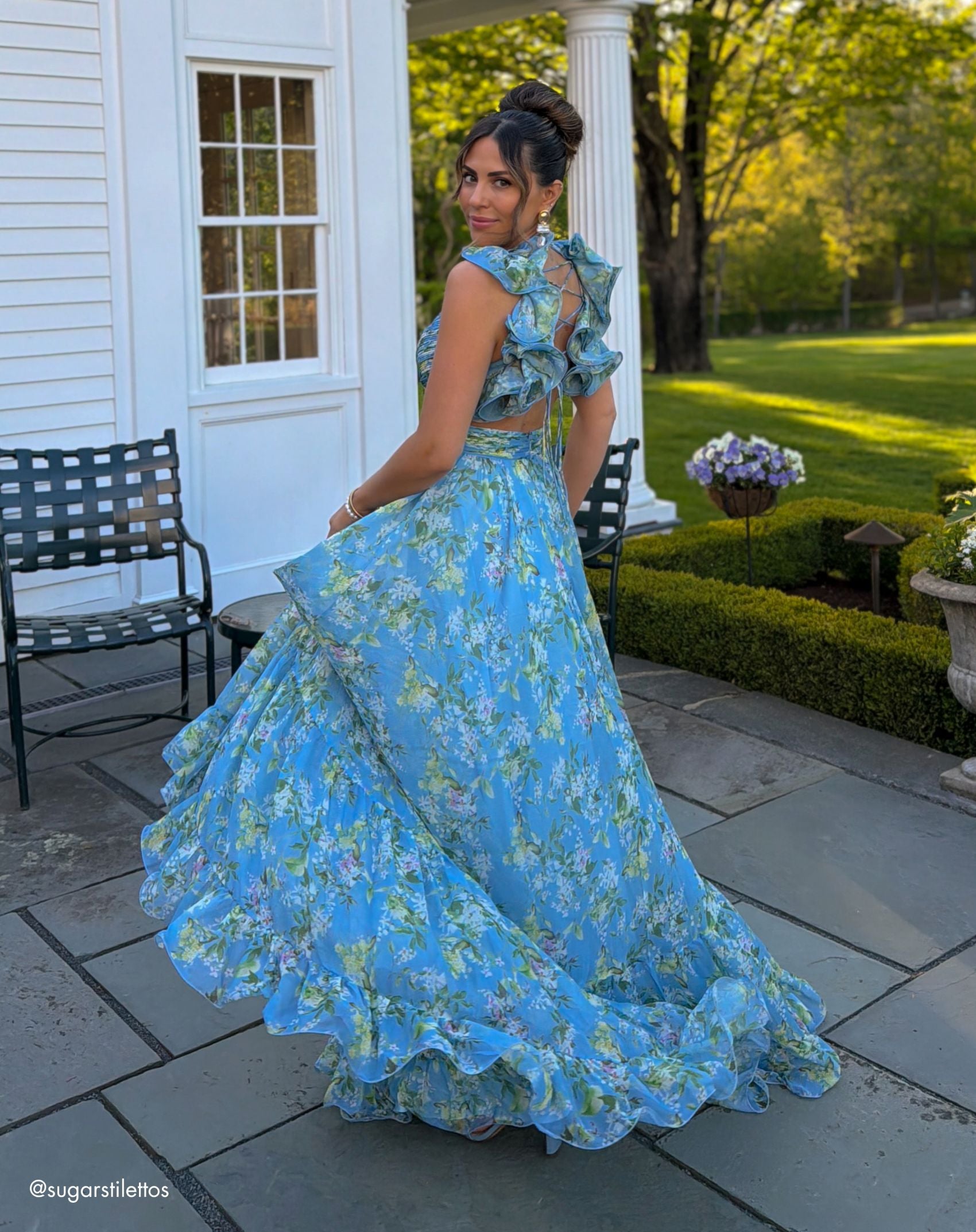 Blue Ruffle Tiered Floral Cut-Out Chiffon Wedding Guest Gown - Mac Duggal