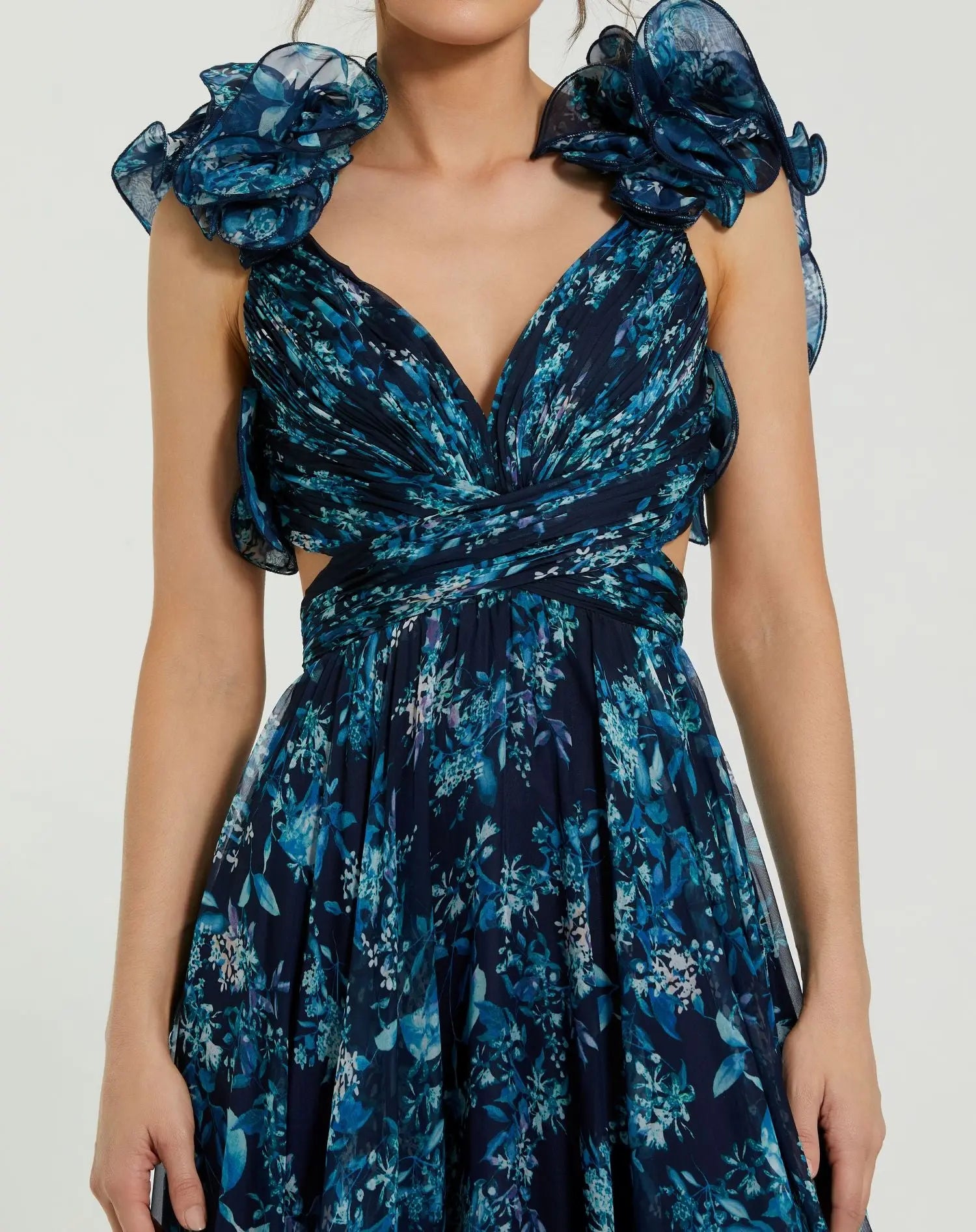 Navy Tiered Floral Cut-Out Chiffon Gown Mac Duggal