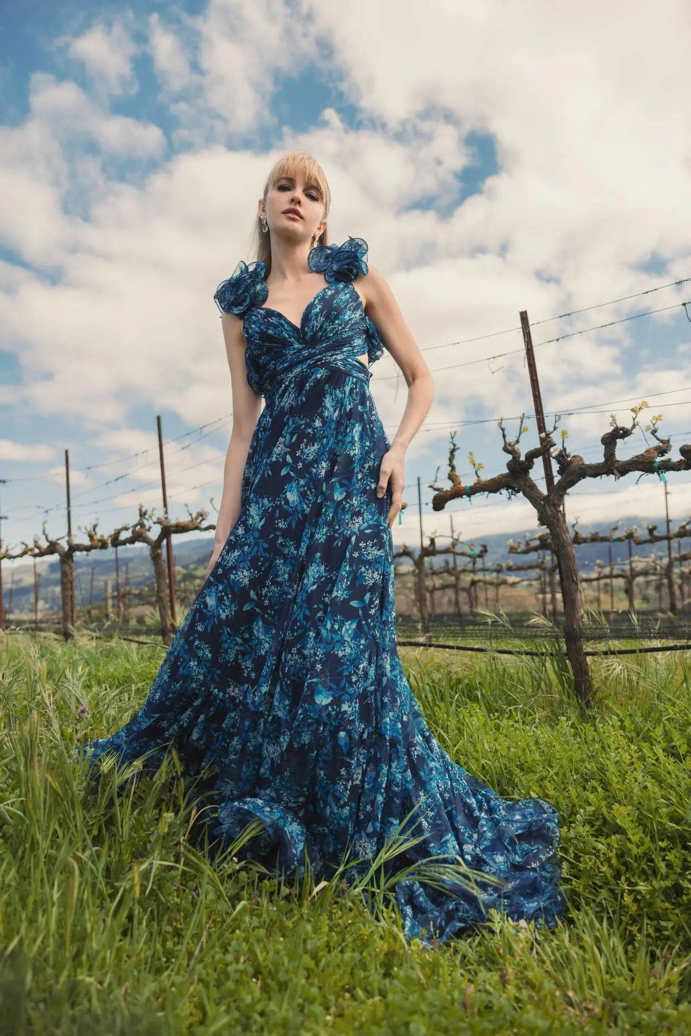 Navy Tiered Floral Cut-Out Chiffon Gown | Mac Duggal