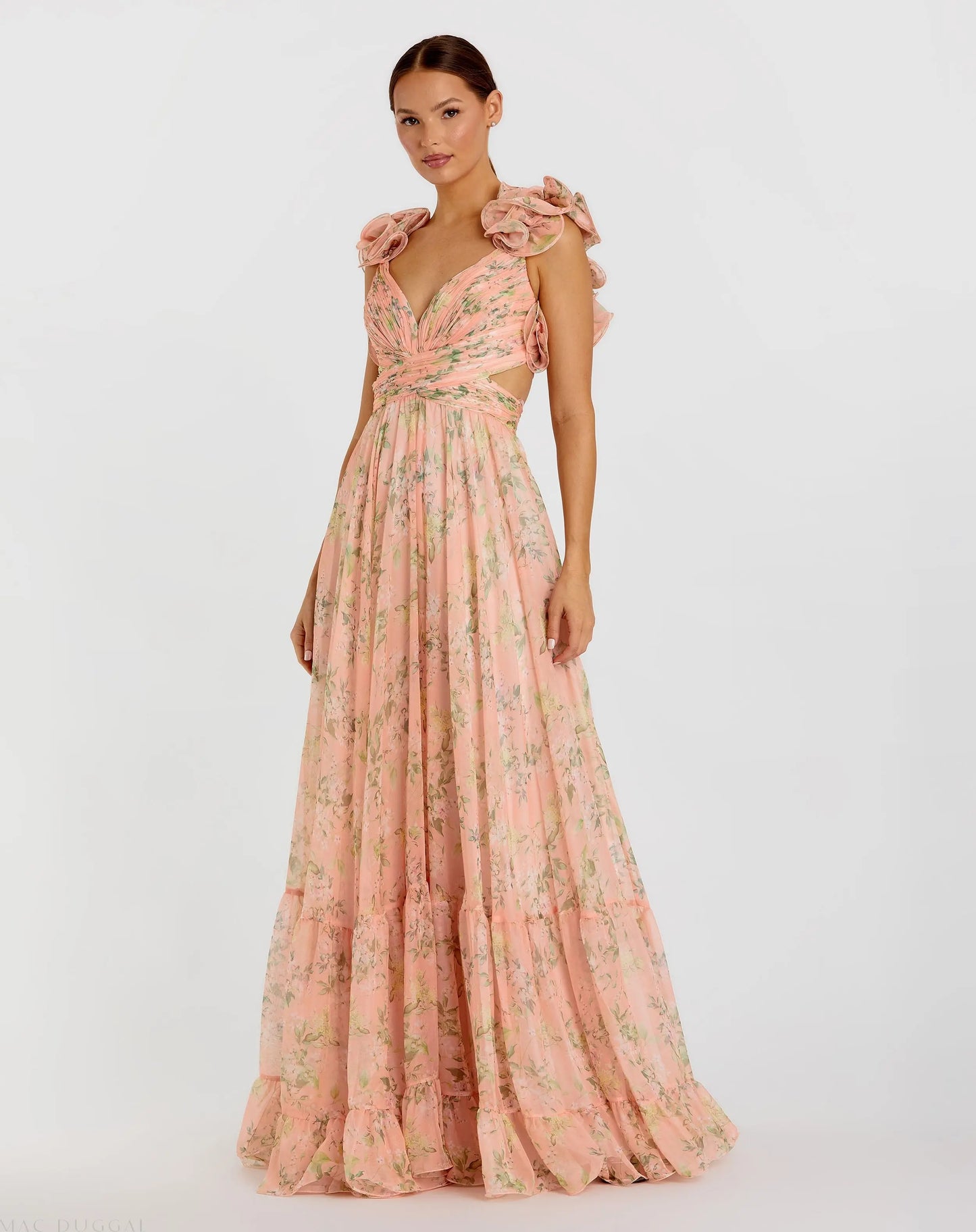 Pink Ruffle Tiered Floral Cut-Out Chiffon Gown | Mac Duggal Pink Ruffle Tiered Floral Cut-Out Chiffon Gown | Mac Duggal