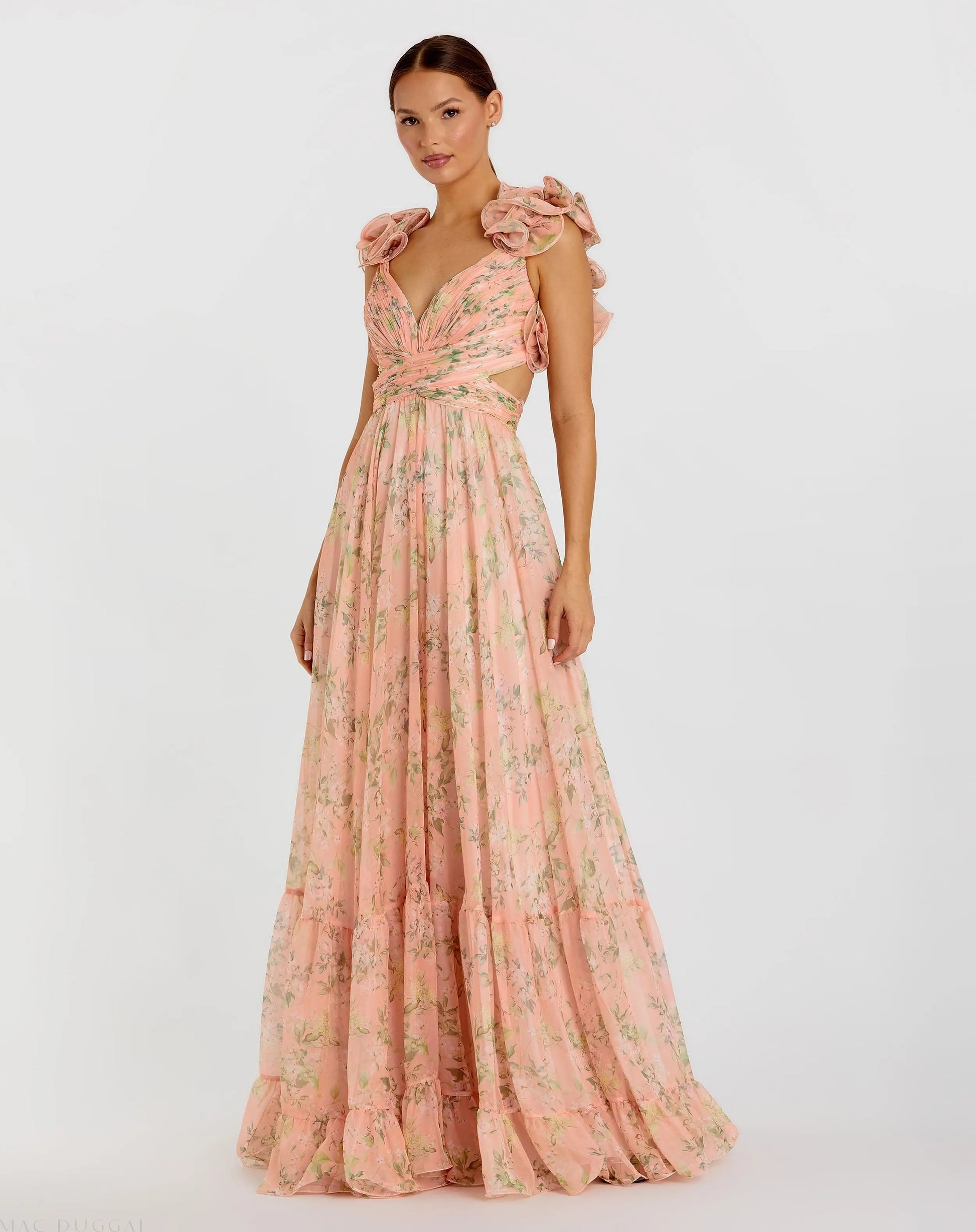 Pink Ruffle Tiered Floral Cut-Out Chiffon Gown | Mac Duggal Pink Ruffle Tiered Floral Cut-Out Chiffon Gown | Mac Duggal