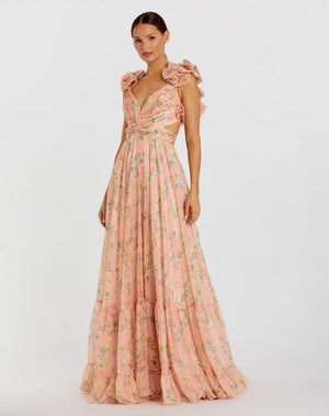 Pink Ruffle Sleeve V Neck A Line Gown