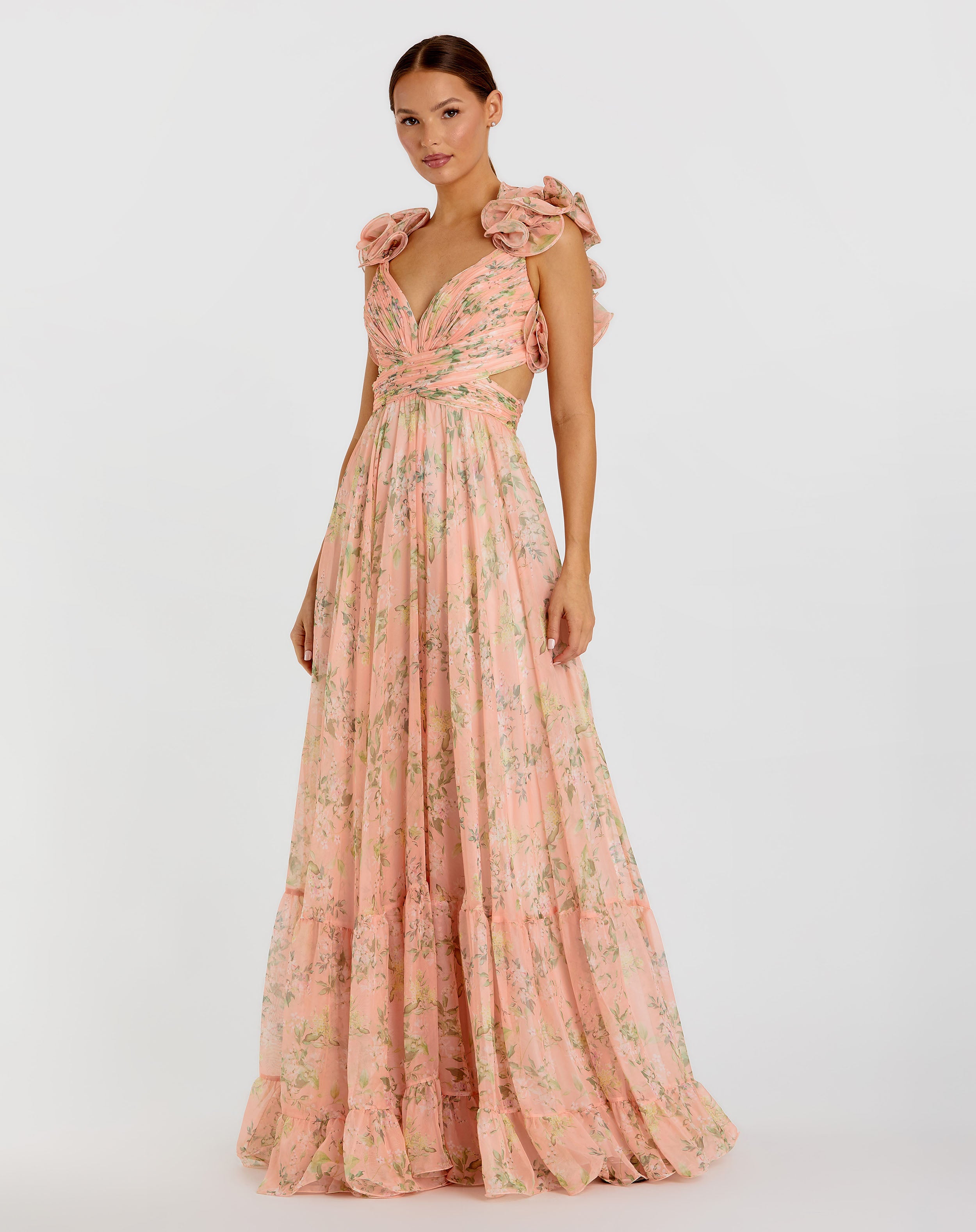 Ruffle Tiered Floral Cut-Out Chiffon Gown