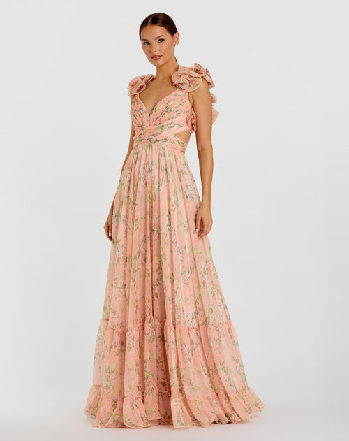 Ruffle Tiered Floral Cut-Out Chiffon Gown