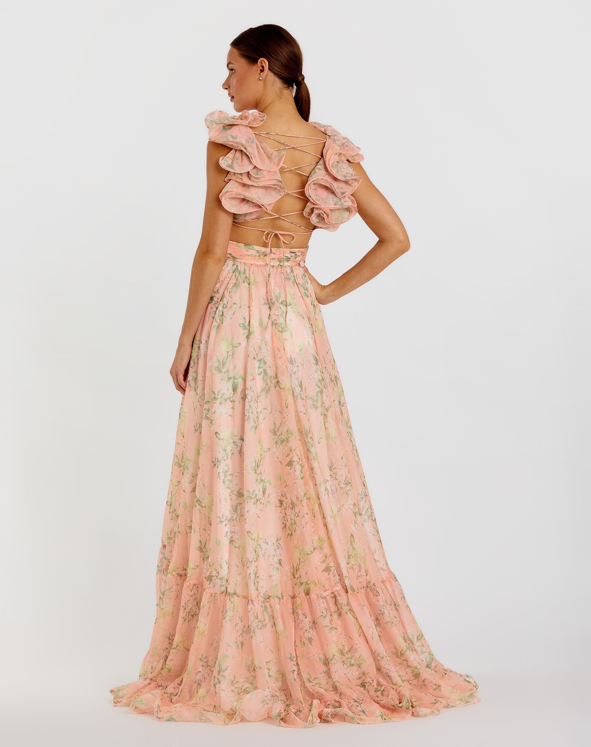mac duggal pink sleeveless floral chiffon micro ruffle midi dress Pink Sleeveless V Neck Floral Mesh Ruffle Midi Dress