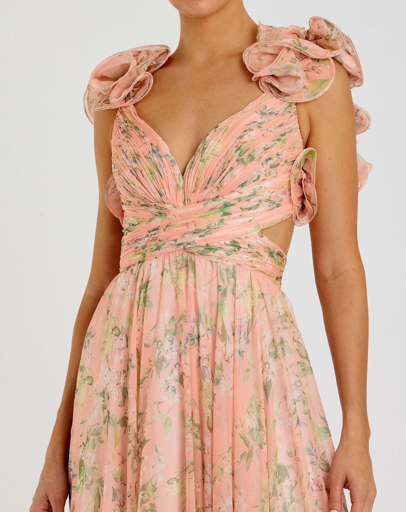 Pink Ruffle Tiered Floral Cut-Out Chiffon Gown Pink Ruffle Tiered Floral Cut-Out Chiffon Gown