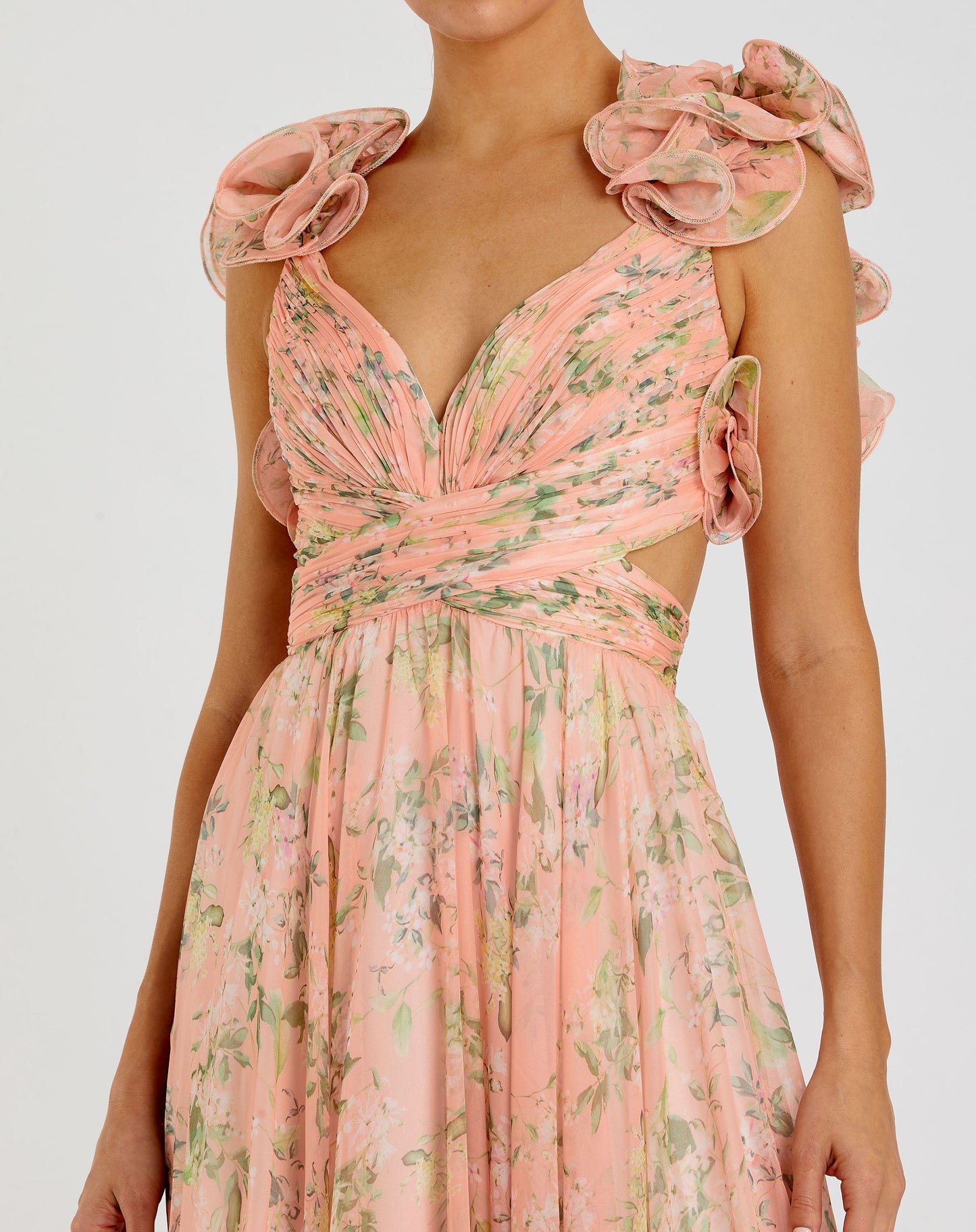 Ruffle Tiered Floral Cut-Out Chiffon Gown