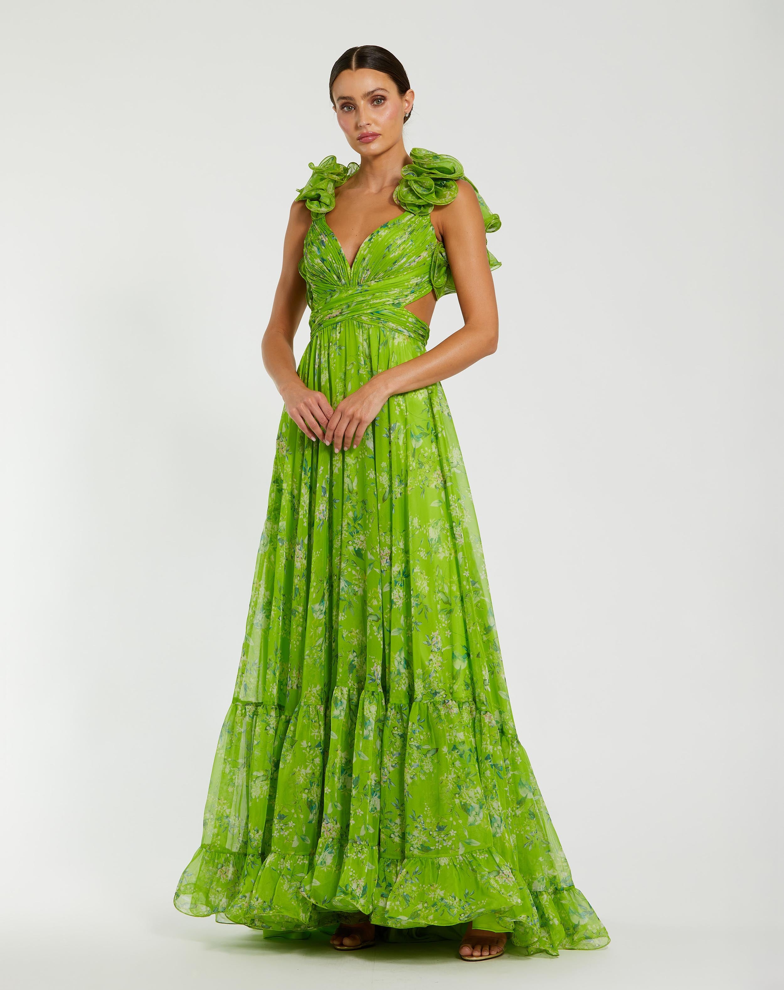 Green Ruffle Tiered Floral Cut-Out Chiffon Gown Mac Duggal