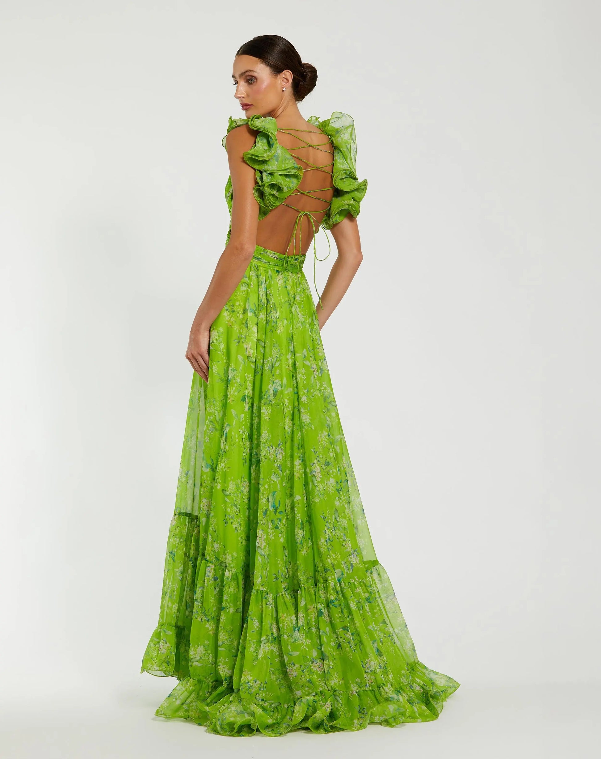 Green Ruffle Tiered Floral Cut-Out Chiffon Gown | Mac Duggal Green Ruffle Tiered Floral Cut-Out Chiffon Gown | Mac Duggal